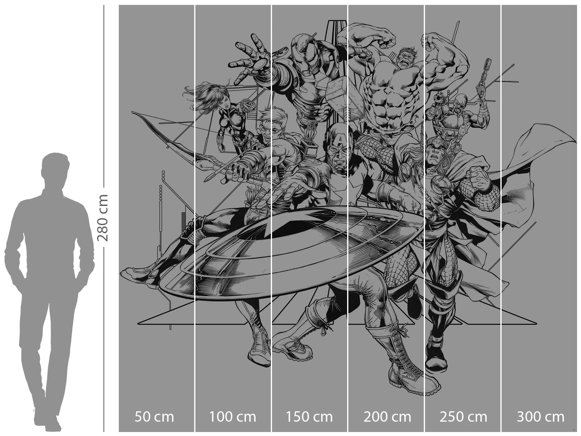 Komar Vliestapete »Digitaldruck Vlies -  Avengers Black and White - Grösse 300 x 280 cm« bedruckt glatt Kinderzimmer