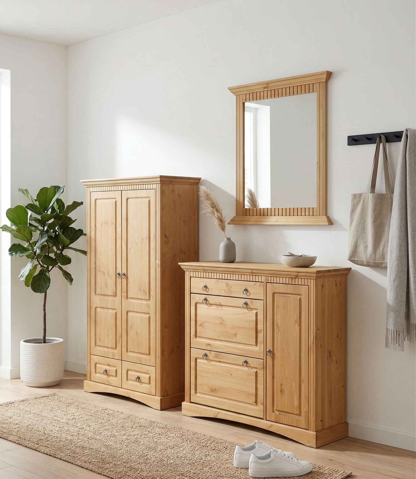GOODproduct Armoire à linge »Rustic« B/T/H: 94/39/150 cm,  aus massiver Kiefer, FSC®, schöne Kassettenoptik, mit Ringgriffen
