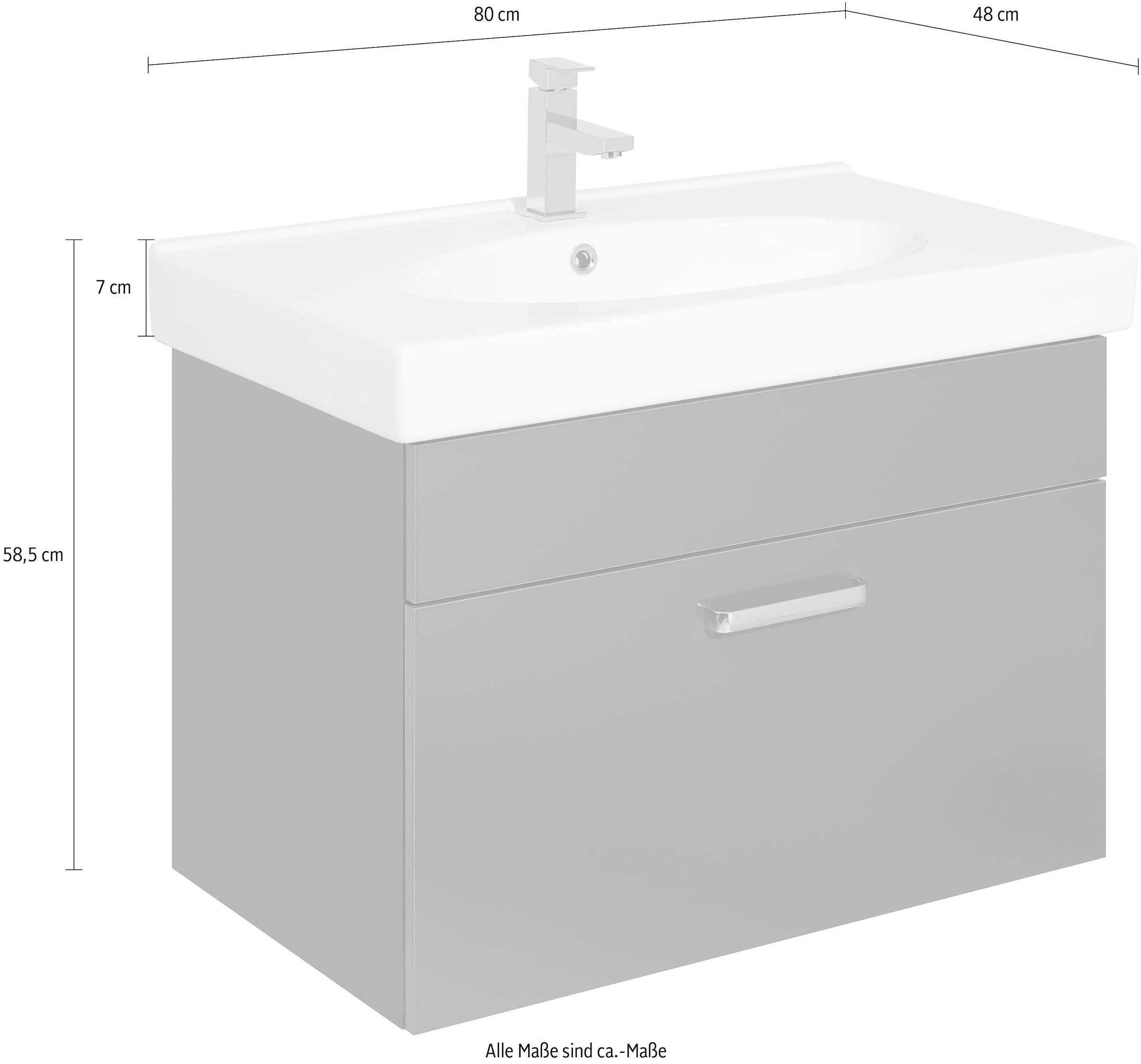 Saphir Table de lavage »Quickset Keramikwaschtisch mit Unterschrank, 80 cm breit« coiffeuse, poignées chromées brillantes, avec fermeture douce, 1 tiroir