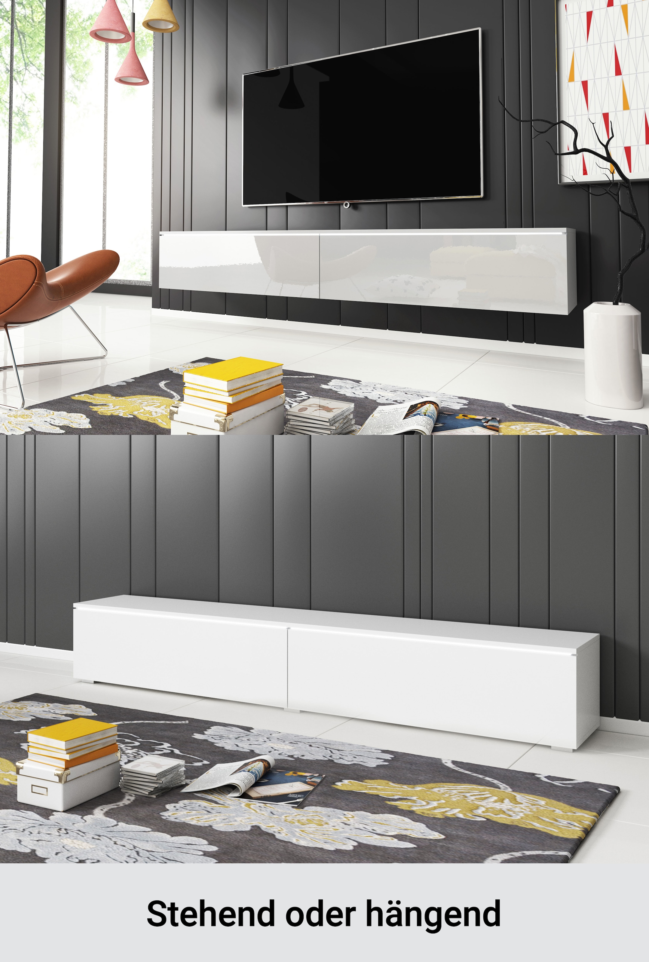 Home affaire Lowboard »LOWBOARD VERA, wahlweise mit oder ohne Beleuchtung« Modernes griffloses TV-Board, 180 cm TV-Schrank, stehend und hängend