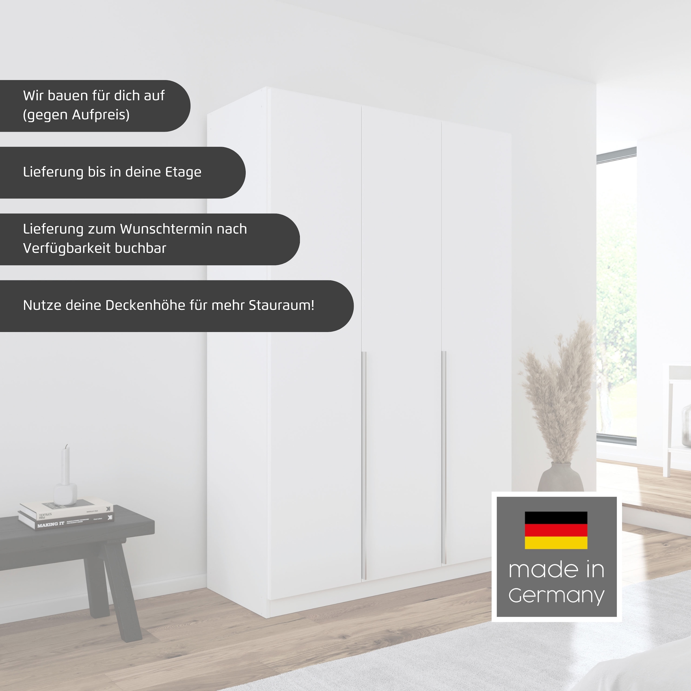 GOODproduct Drehtürenschrank »Kleiderschrank Schrank Garderobe AGORDO mit Dekor- oder Hochglanzfront« in zwei Griff-Farben, Breiten 91-405 cm,  durchdachte Innenausstattung, in 8 Breiten und 2 Höhen MADE IN GERMANY