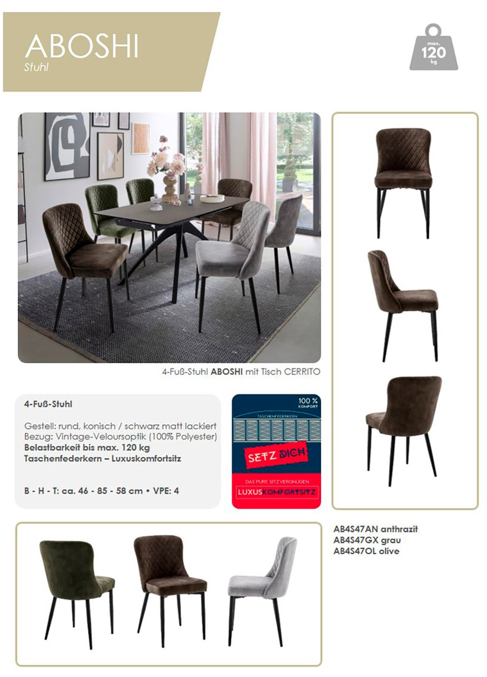 MCA furniture 4-Fussstuhl »ABOSHI Esszimmerstuhl (4er Set)« (Set) 4 Stk.Taschenfederkern, Metall schwarz,Vintage-Veloursoptik,belastbar 120 kg