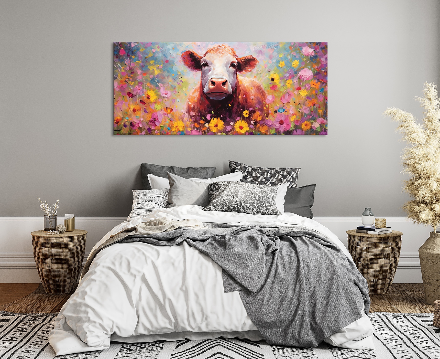 Bönninghoff Leinwandbild »Wandbild BUNTE KUH 60x140 cm – Leinwandbild Keilrahmen Deko modern« Blumen | Kuh | Kühe 1 Stk. tlg. auf Keilrahmen gespannt