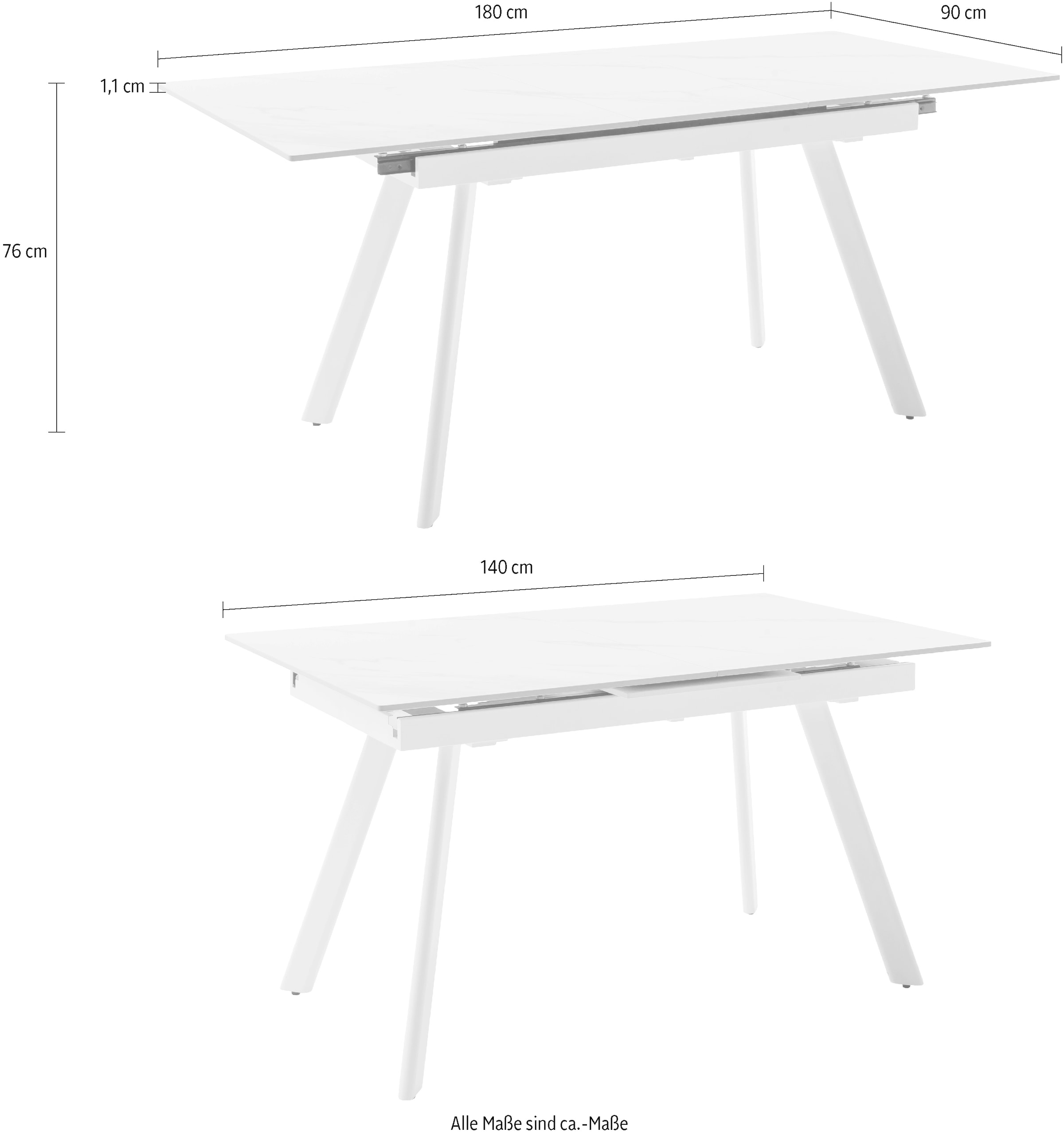 MCA furniture Esstisch »PARENZO Auzugtisch 140-180 cm weiss marmoriert - bis 8 Personen« 1 Stk. tlg. Keramik, Metall weiss, Synchronauszug, ausziehbar, 6-8 Personen