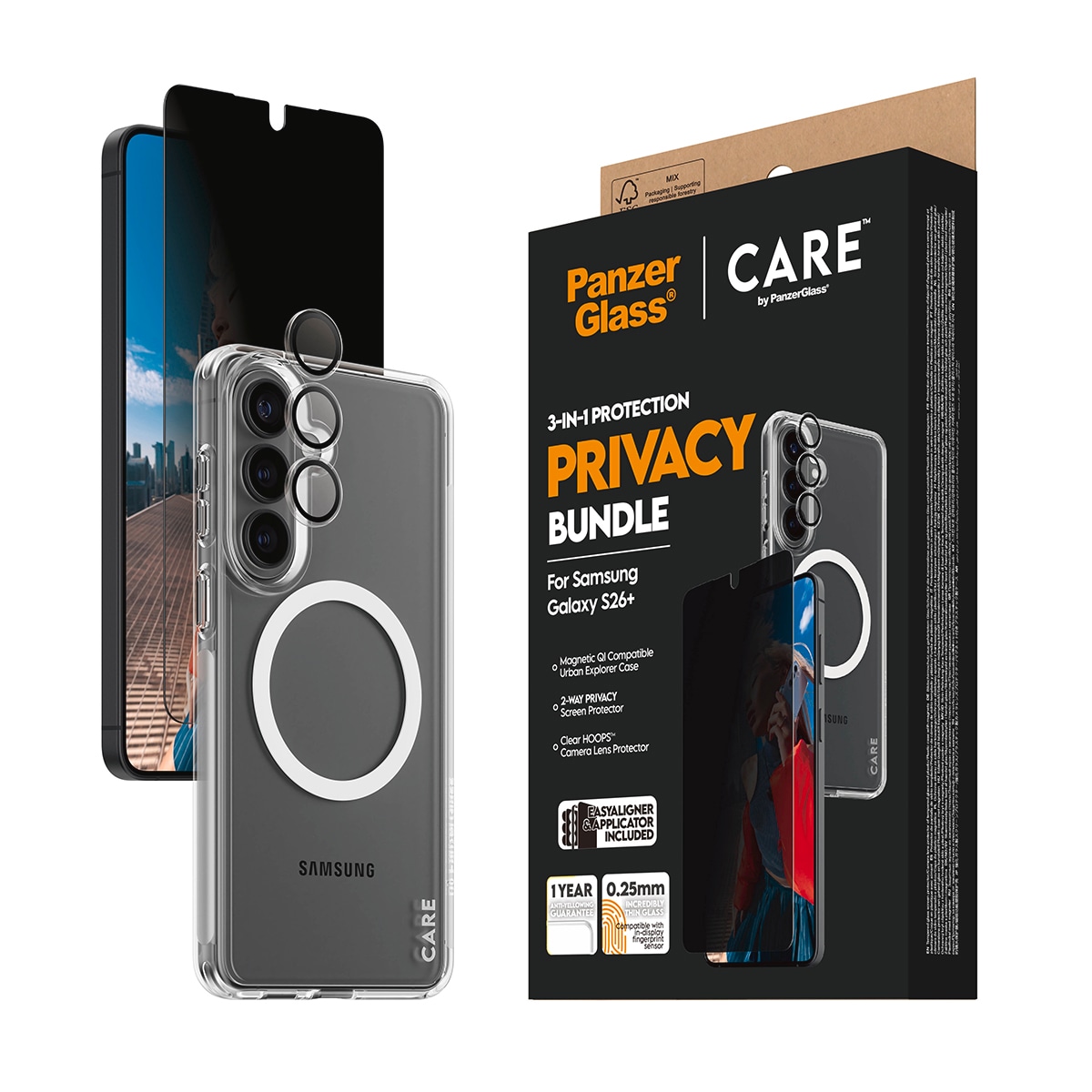 CARE by PanzerGlass Displayschutzglas »3-in-1 Protection Privacy Bundle« für Samsung Galaxy S26+ Displayschutzfolie, Schutzfolie, Bildschirmschutz, kratz- & stossfest