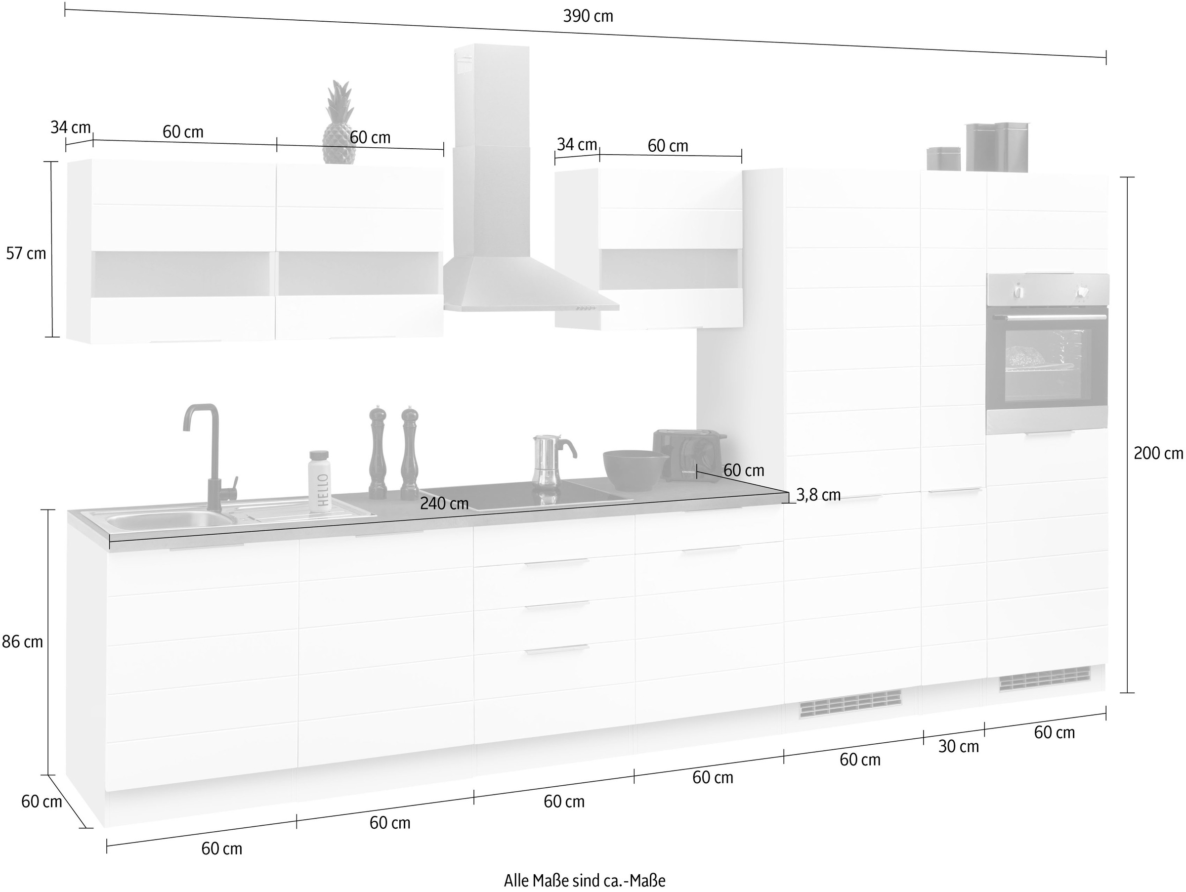 KOCHSTATION Küchenzeile »KS-Luhe« 390 cm breit, wahlweise mit oder ohne E-Geräten, gefräste MDF-Fronten