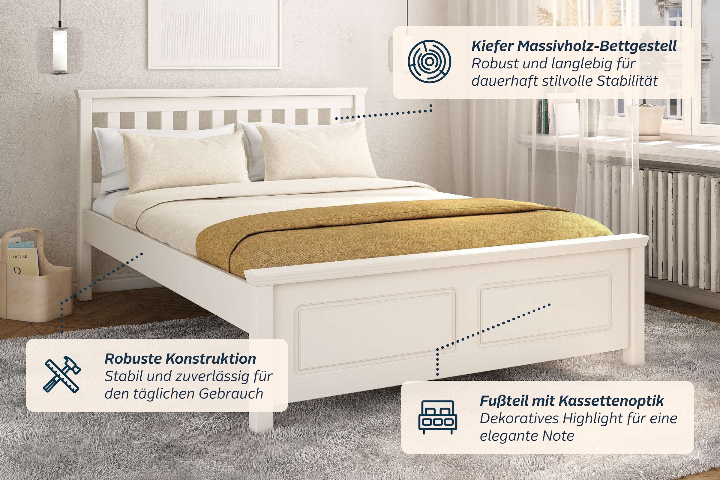 GOODproduct Lit »Fredegaard, skandinavischer Stil, vielseitig kombinierbar, 2 Breiten« largeur 180 ou 140,  Barreaux à la tête de lit, avec sommier à lattes, aspect cassette