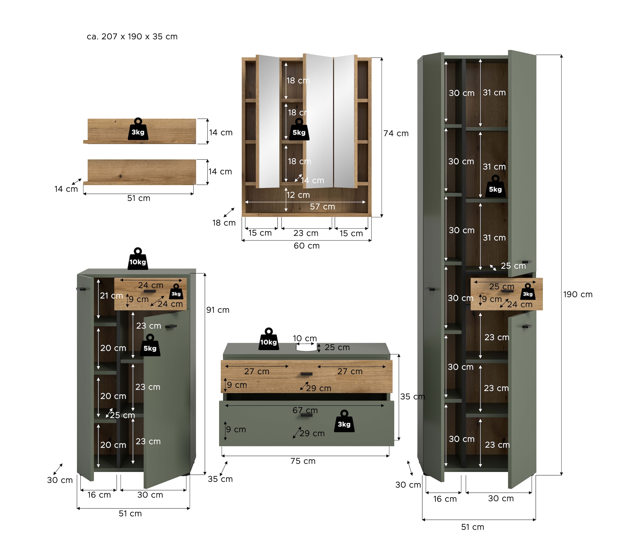 welltime Badmöbel-Set »VANN, 6-teilige moderne Badkombination, individuell stellbar« Midischrank, 2er Set Wandregal, WBU, Spiegelschrank, Hochschrank, 6 Stk. tlg.