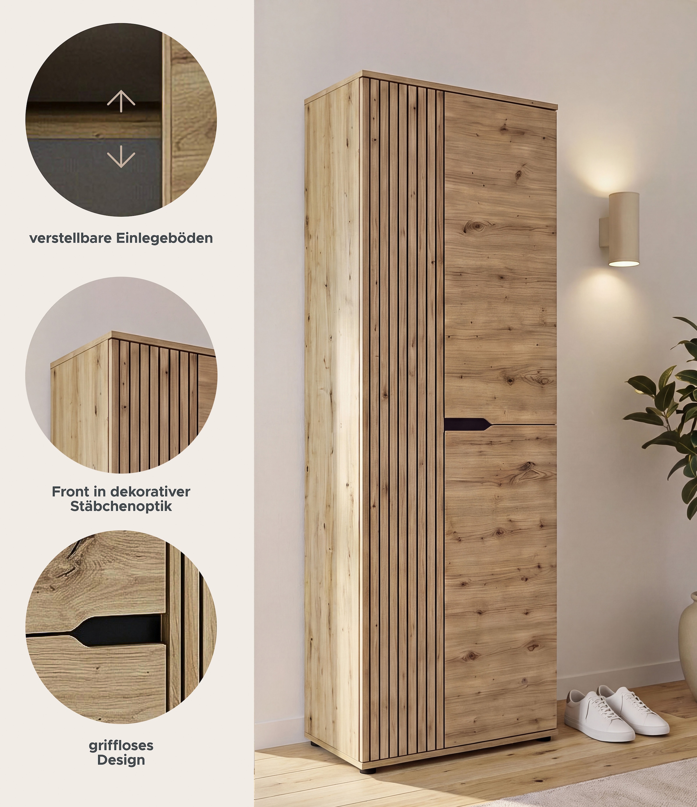 GOODproduct Garderobenschrank »FJELL, Breite 65cm, 2 Türen, 4 Einlegeböden, 6 Fächer, 1 Kleiderstange« Kleiderschrank, Schrank, Dielenschrank, Flurschrank, Mehrzweckschrank