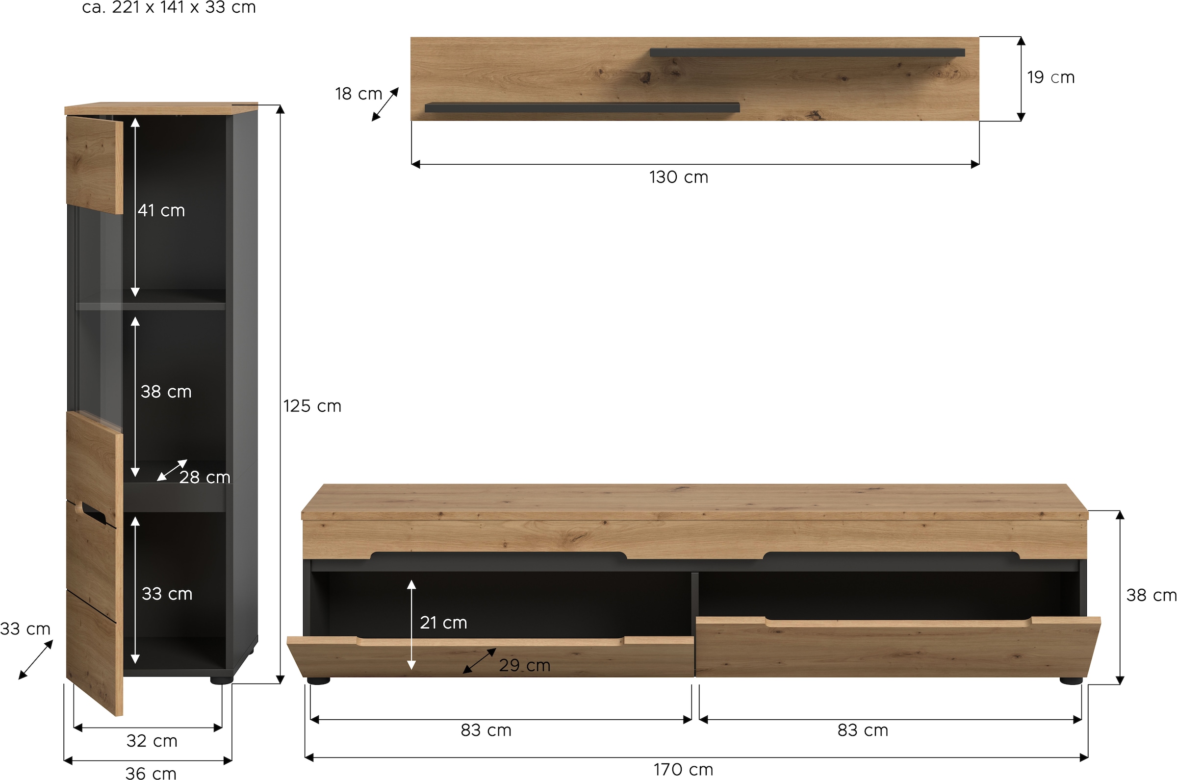 Home affaire Meuble mural »REHAT, TOPSELLER!, 3-teilig, wahlweise stehend und hängend montierbar« Set bestehend aus: Vitrine, Lowboard und Wandboard, 2 cuis tlg.