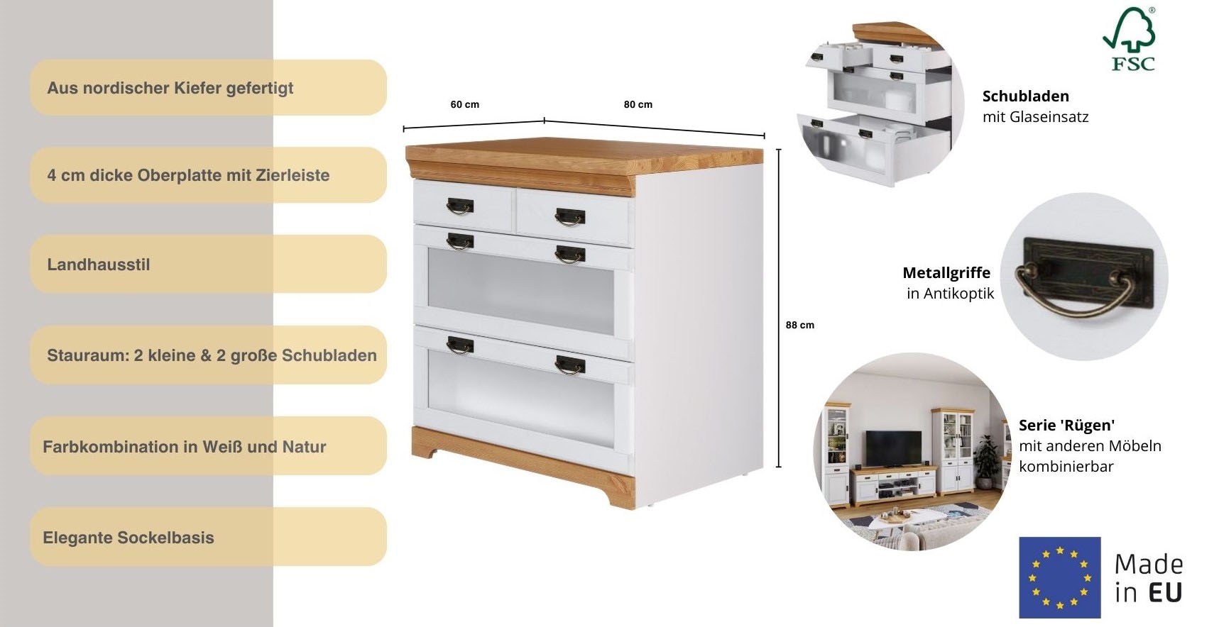 Home affaire Commode »Rügen« zertifizietes Massivholz, mit Schubkasten und Glaseinsatz