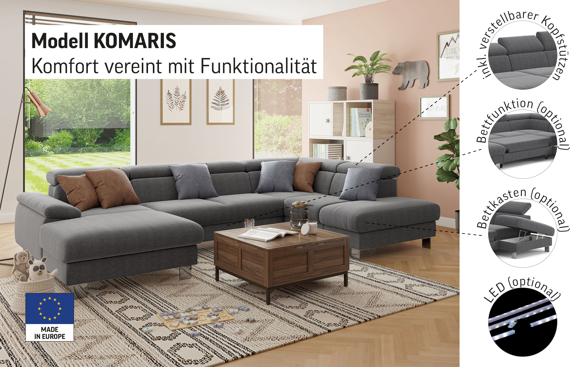 COTTA Paysage de salon »Komaris U-Form, in Echtleder Pampas Madras, B: 320 cm« avec réglage de la tête, fonction couchage optionnelle, coffre-lit & lumière