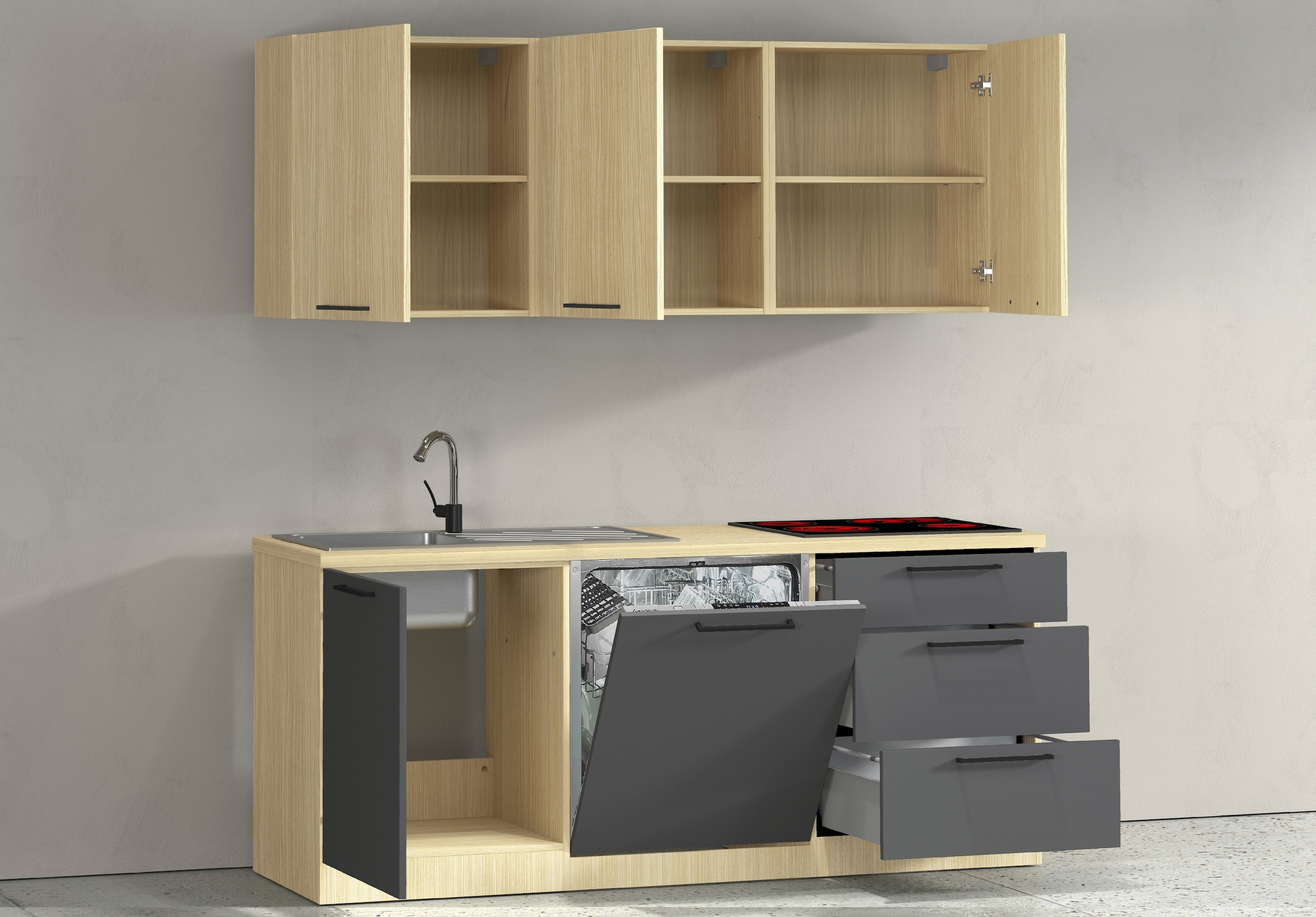 KOCHSTATION Kitchenette »Luna, Küchenzeile mit Spüle + Siphon, ohne E-Geräte« Breite 182 cm,Türen mit Soft-Close Funktion, Metalgriffe,Made in Italy