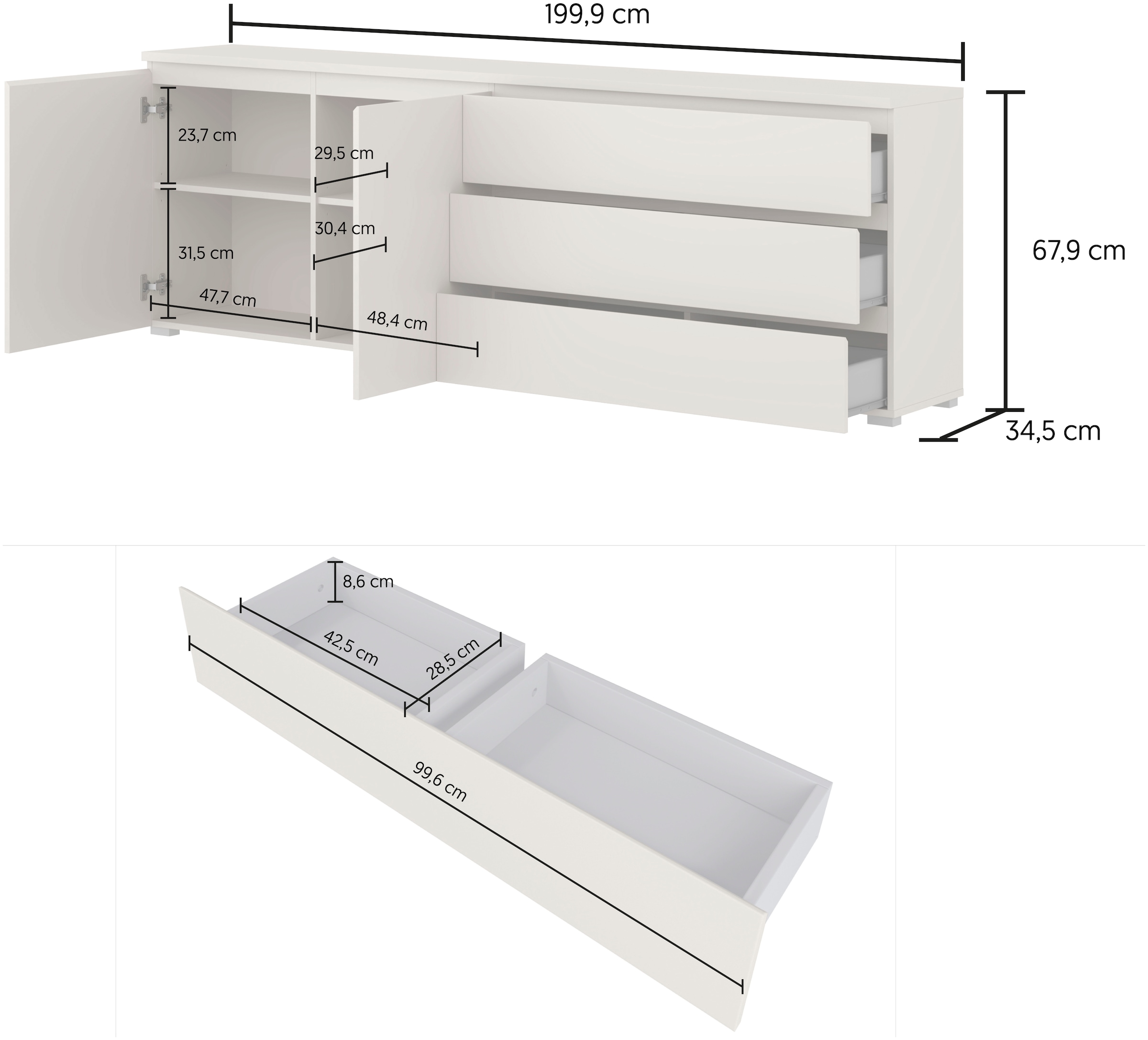 GOODproduct Buffet »Modo, Breite 200 cm, moderne grifflose Kommode 2Türen/3 SK« Schubladenkommode mit viel Stauraum, Einlegeböden verstellbar