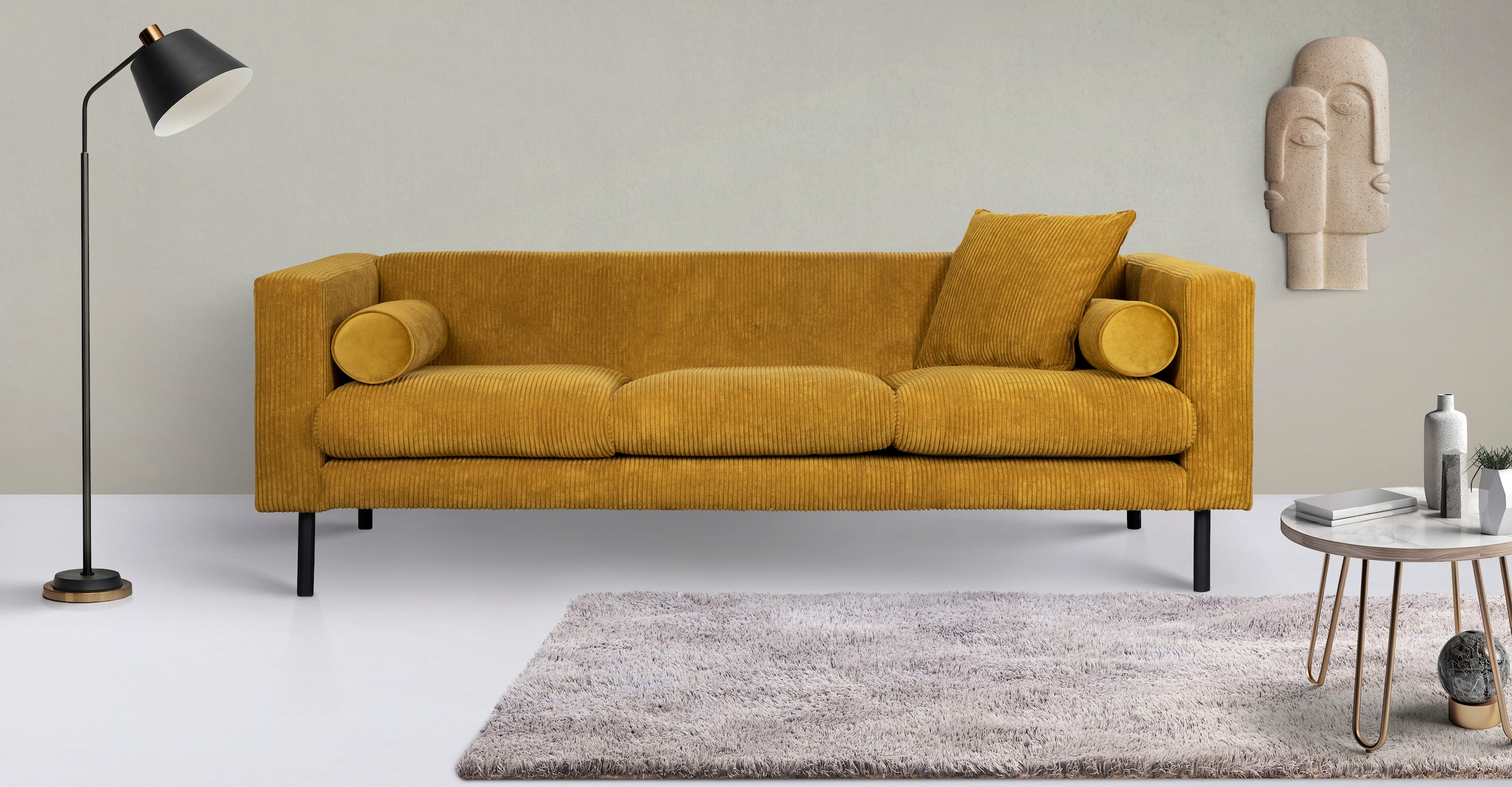 Home affaire 3-Sitzer »Lillibeth Designsofa mit Wellenunterfederung, Masse B/T/H: 218/74/83 cm« Zierkissen als Wendekissen, Bezug Samtoptik oder Cord