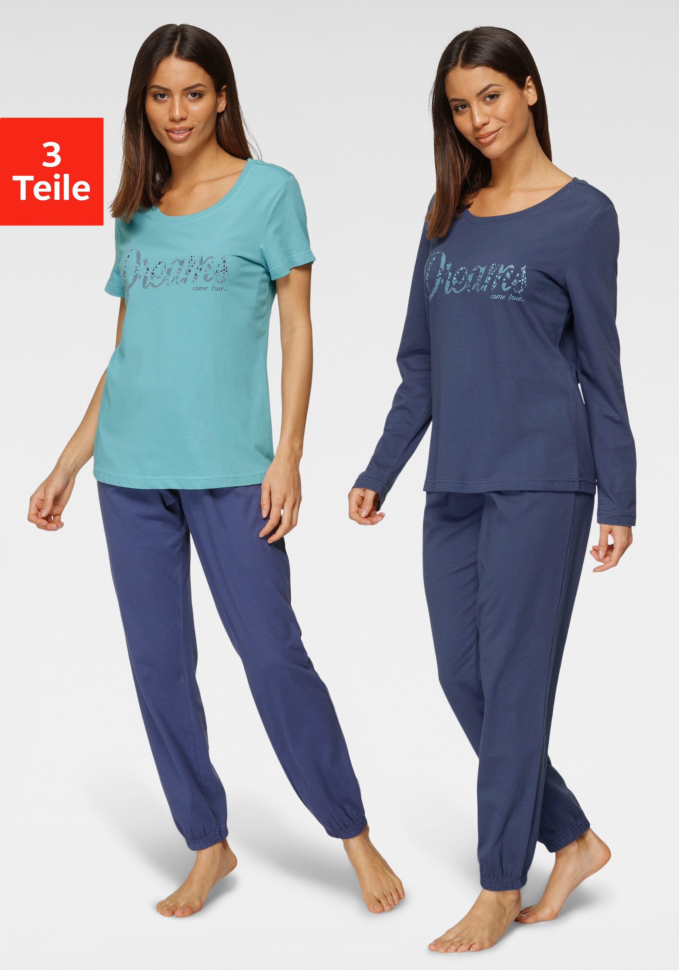 Vivance Dreams Pyjama Set, 3-teilig,  mit Frontschriftzug