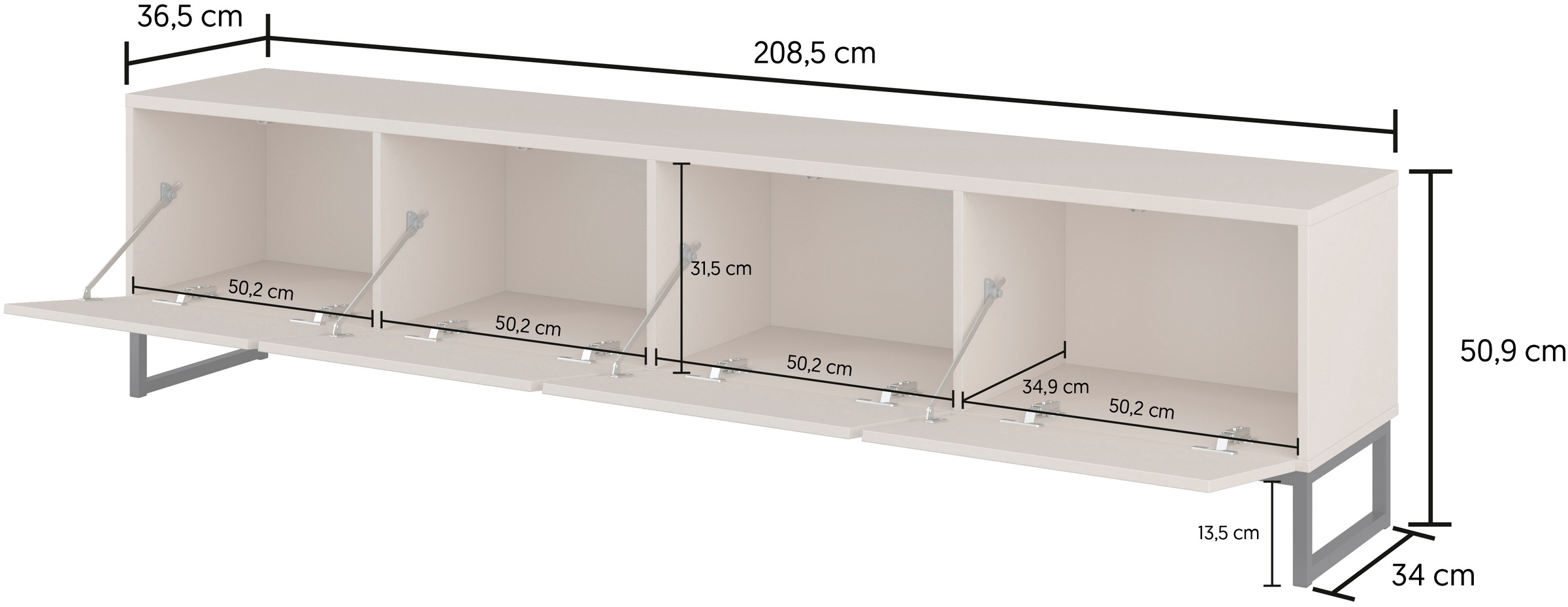 Home affaire Lowboard »Alto, Breite 208,5 cm, TV-Board mit 4 Klappen, push-to-open« TV-Kommode mit viel Stauraum, push-to-open-Funktion, Metallkufen