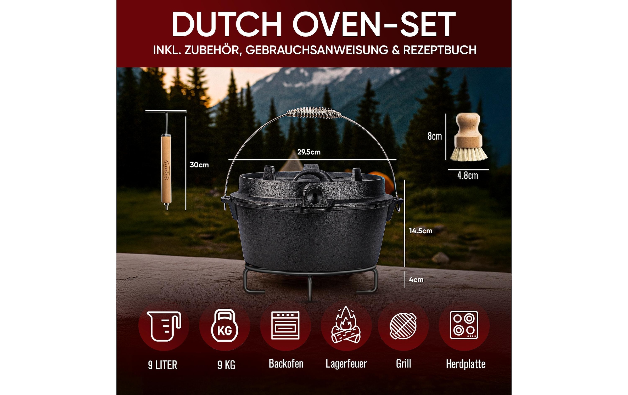   Grilltopf »Gusskoenig Dutch Oven Set 9 l mit Heber, Bürste, Untersetzer« Gusseisen Set mit 2in1 Deckelheber, Reinigungsbürste und Untersetzer
