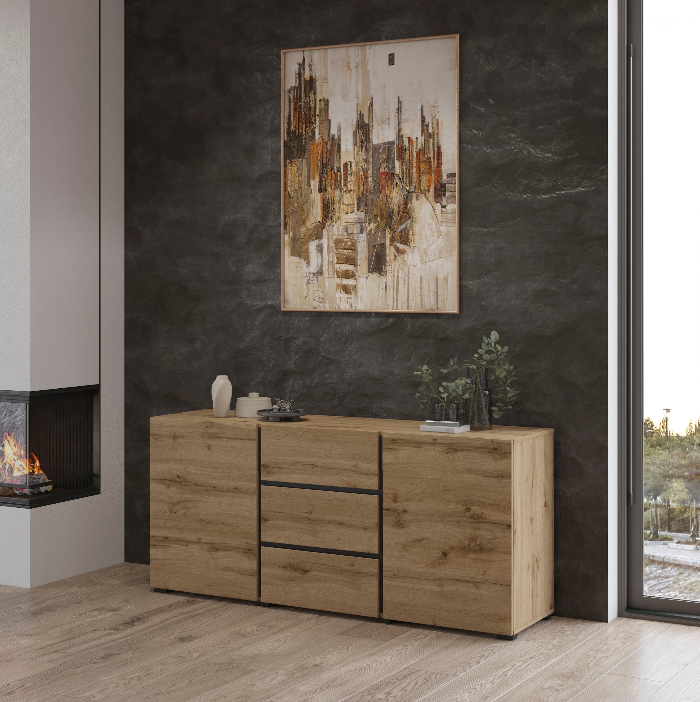 GOODproduct Sideboard »Cross, Breite 150 cm, moderne grifflose Kommode, 2Türen/3 Schubkästen« Schubladenkommode mit viel Stauraum, Einlegeböden verstellbar