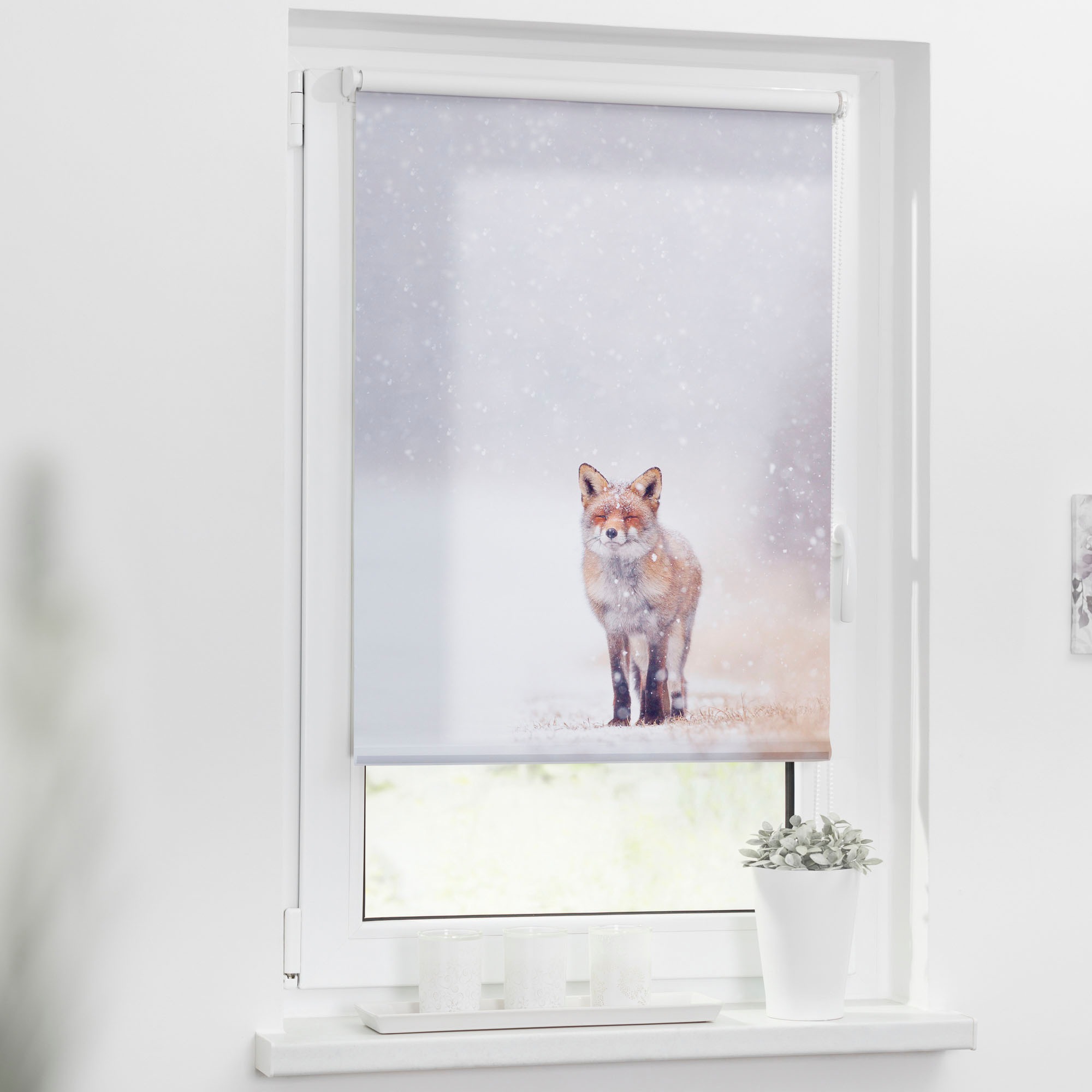 LICHTBLICK ORIGINAL Store à tirage latéral »Klemmfix Motiv Fuchs im Schnee« Lichtschutz ohne Bohren freihängend bedruckt