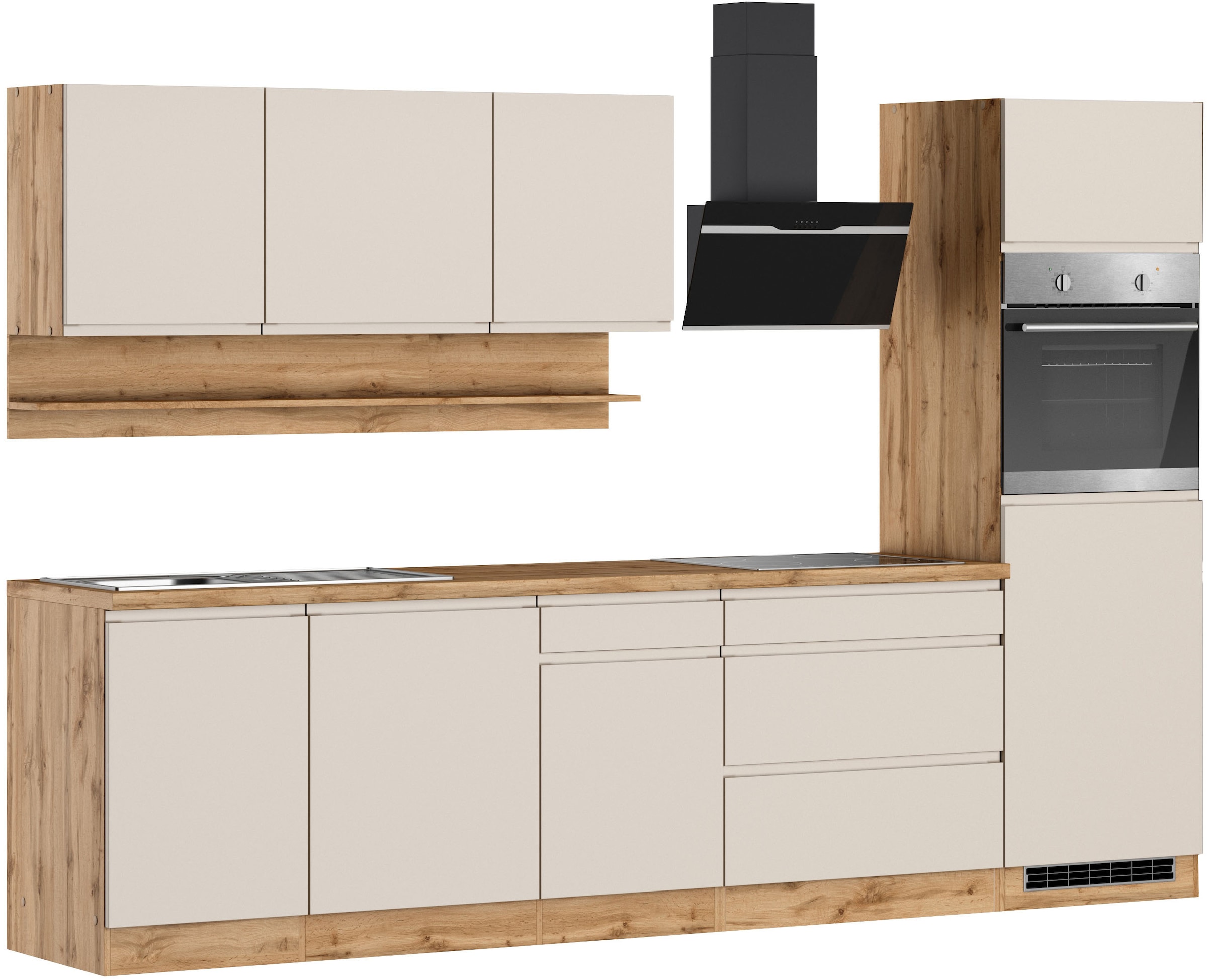 KOCHSTATION Kitchenette »KS-Virginia,neu in verbesserter Ausführung« plan de travail épaisseur 38 mm, rangement, fermeture douce,  largeur 300 cm, fermeture douce, avec appareils électriques en option