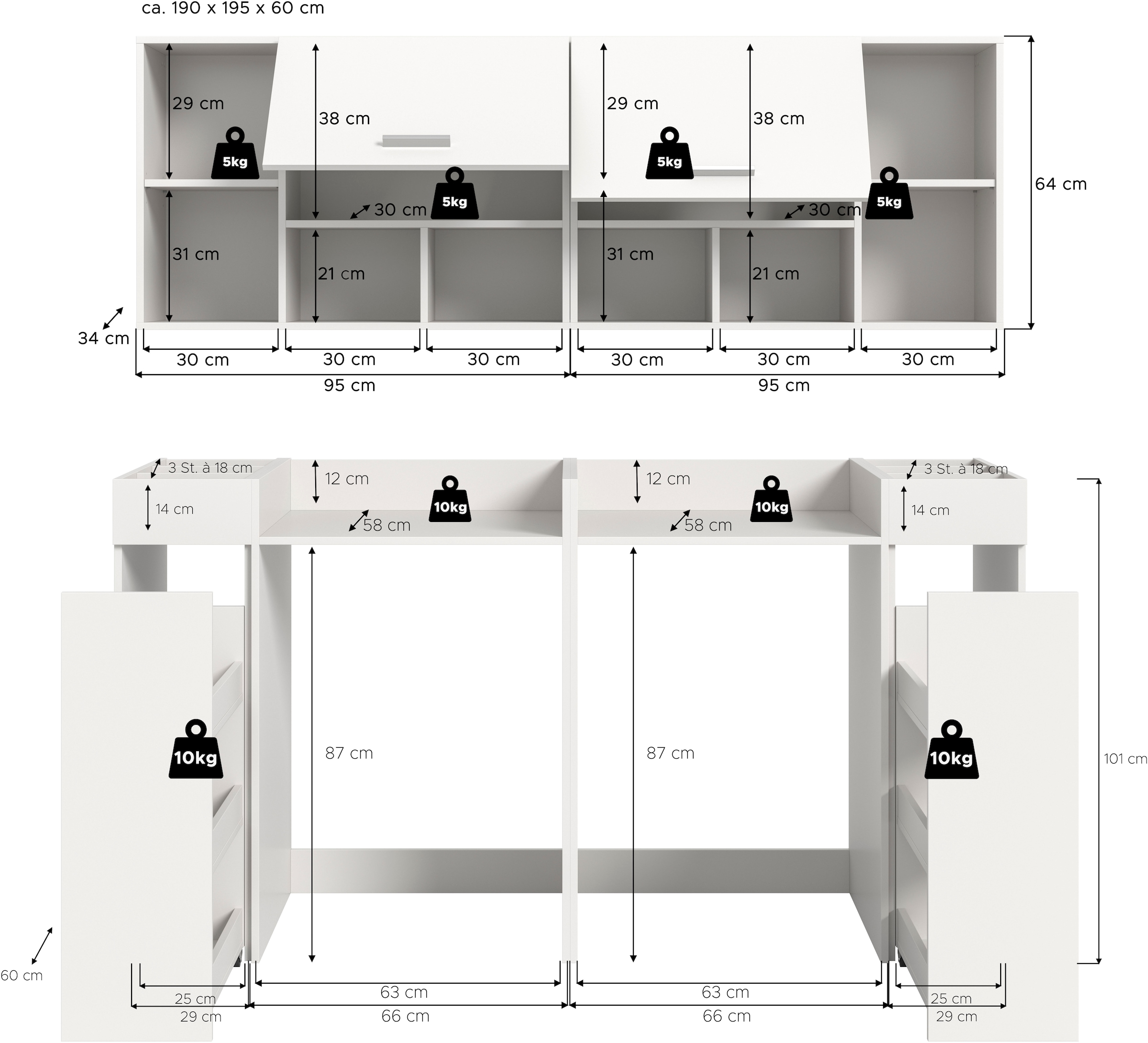 welltime Ensemble de meubles de salle de bain »FALAS,  6-teilig, Hauswirtschaftsraum Set, Breite 190 cm« Ensemble, 2 meubles pour machine à laver, 2 étagères, 2 armoires murales, 6 cuis tlg.