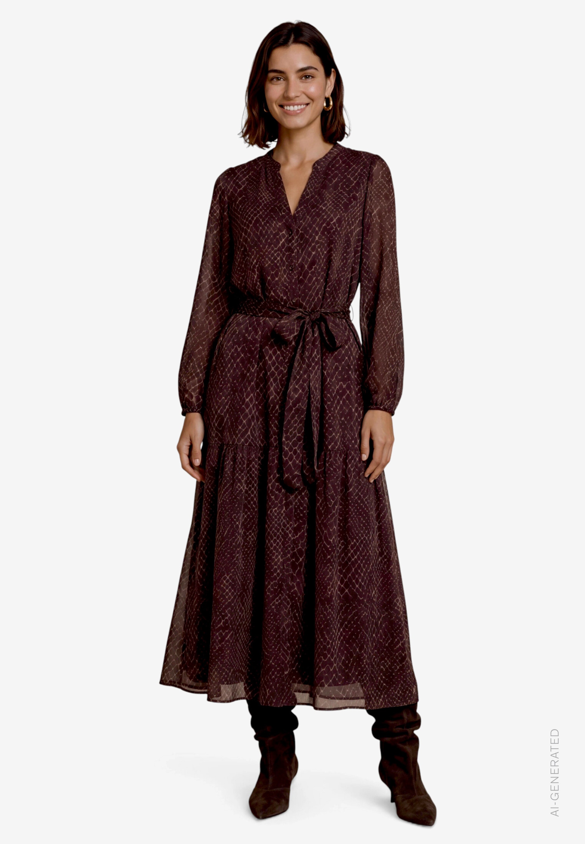 Zero Maxi robe Sans poches in Allover-Optik / Tunika-Kragen mit Bindeband