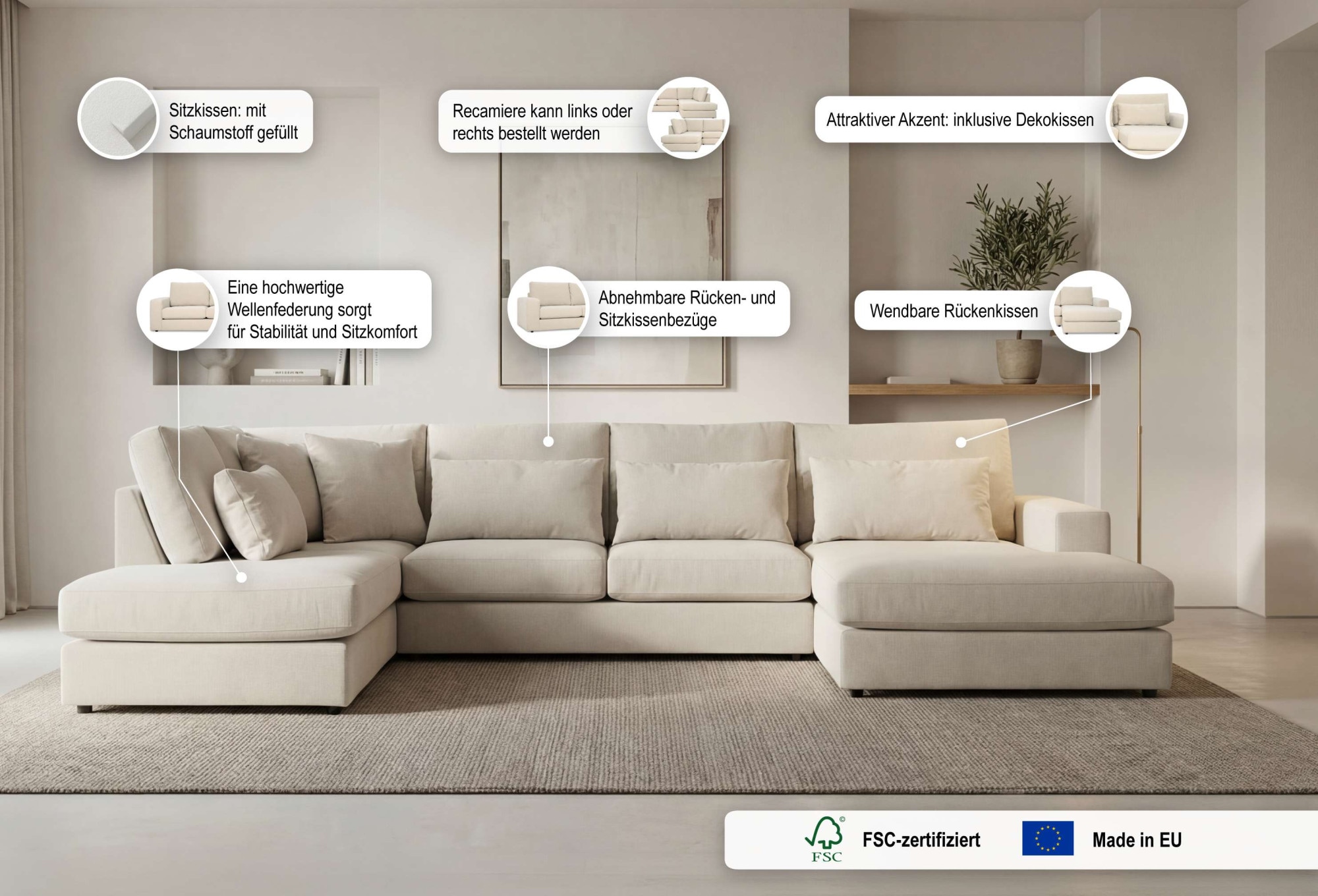GOODproduct Paysage de salon »Nivette, weiches Chenille« Breite 386 cm, U-Form, bodentief, 6 Zierkissen inkl.