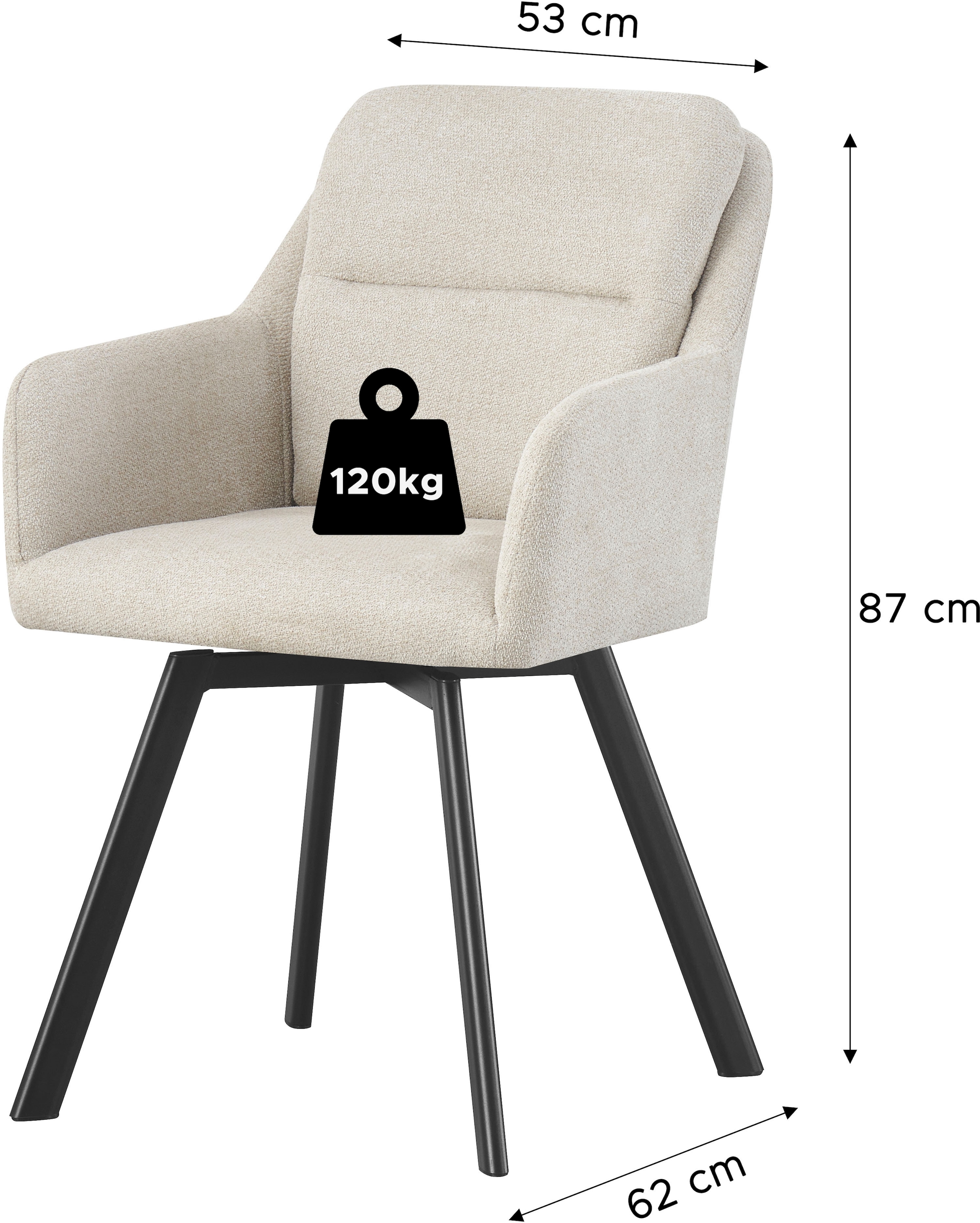 Home affaire Chaise de salle à manger »NEEPAWA, 2er Set, mit Metallgestell in matt schwarz« (Ensemble) 2 cuisin verschiedenen Farben, Belsatbarkeit pro Stuhl 120 kg, mit Armlehne