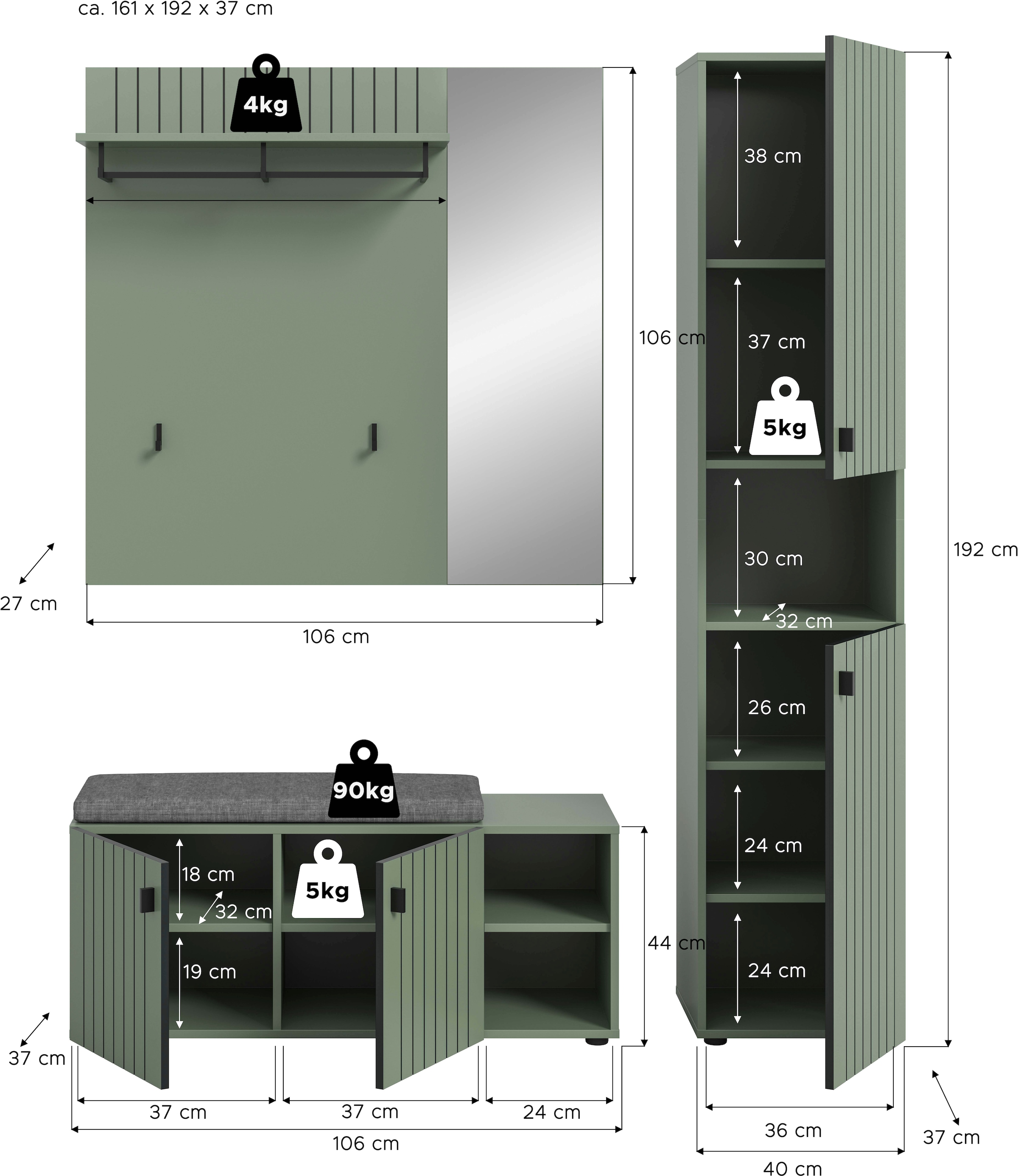 Home affaire Ensemble de vestiaires »TATIO, 4-tlg. Garderobenkombination, Breite: 161 cm, Rillenfräsung« Set, Set, best. aus: 1 Paneel, 1 Garderobenschrank,1 Sitzbank,1 Sitzkissen, 4 cuis tlg.