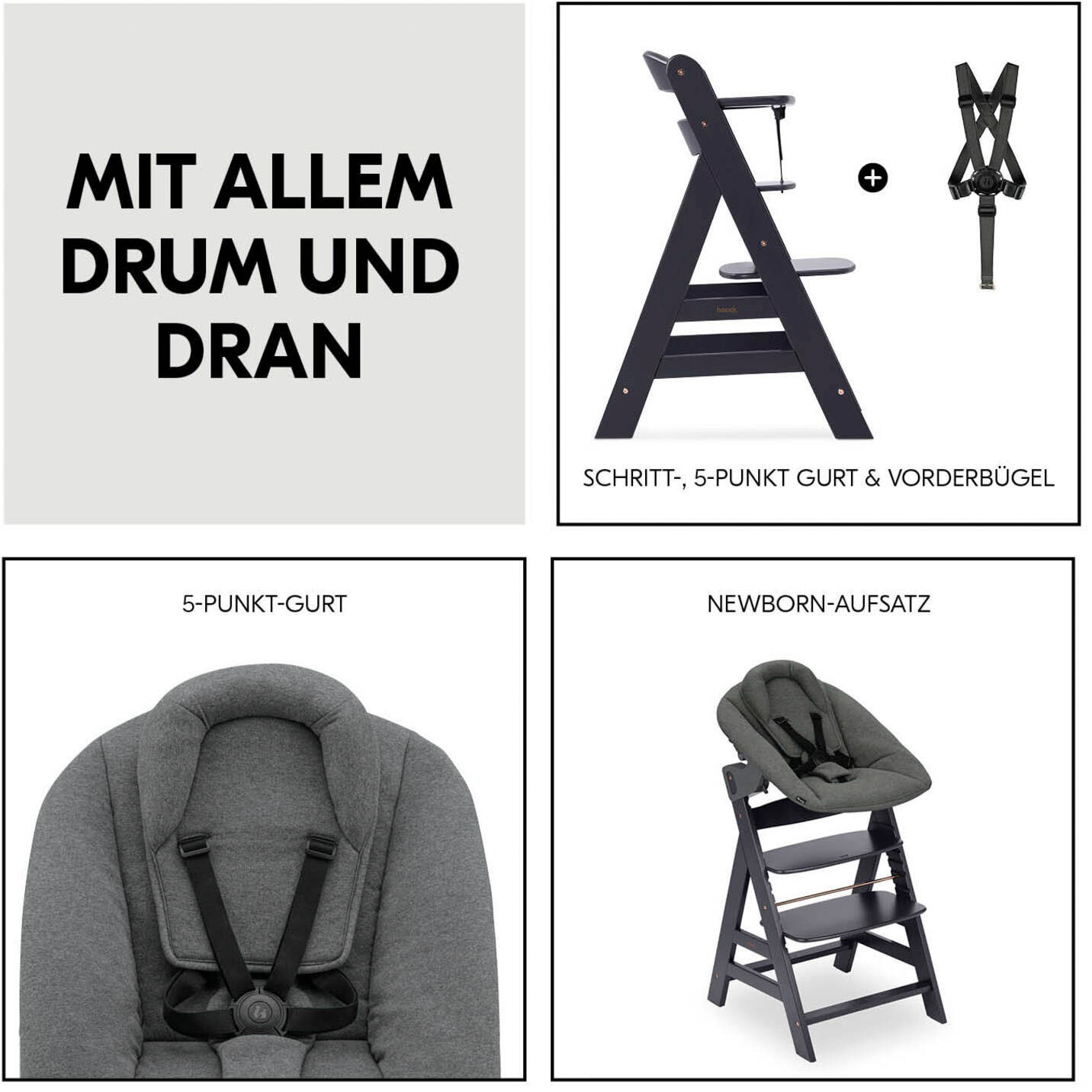 Hauck Chaise haute »Alpha Newborn Set Plus, Dark Grey« () mit Newborn Aufsatz