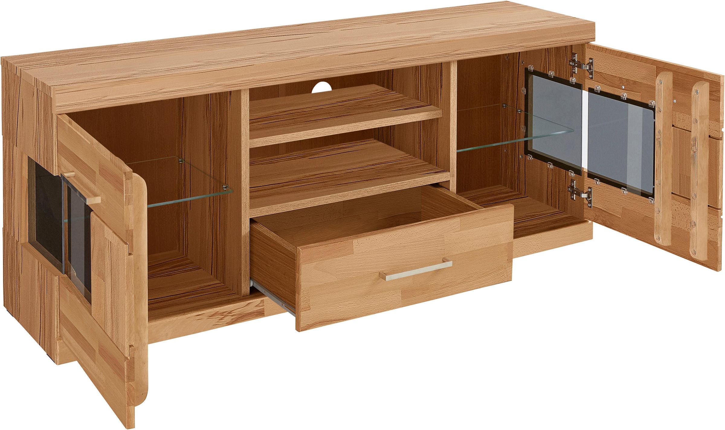 GOODproduct Lowboard »Ribe,140cm breit, Fronten Massivholz,6 Fächer,Kabeldurchführung« Korpus Holzwerkstoff,Glaseinsatz aus gehärtetem Glas,Böden versetzbar