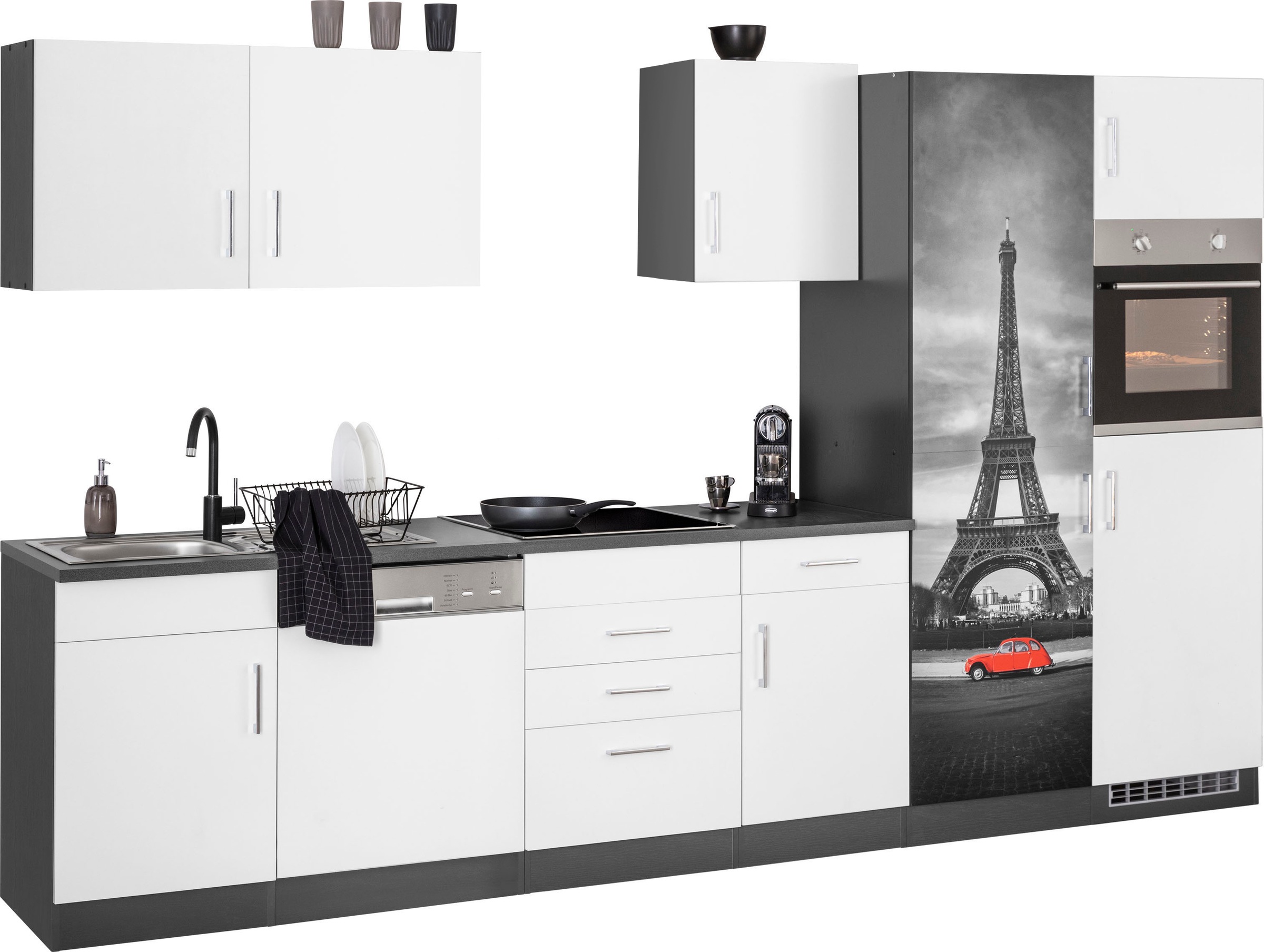 KOCHSTATION Kitchenette »KS-Paris – Küchen mit einzigartigen Fotomotiven auf den Fronten« largeur 340 cm, au choix avec appareils électriques et induction