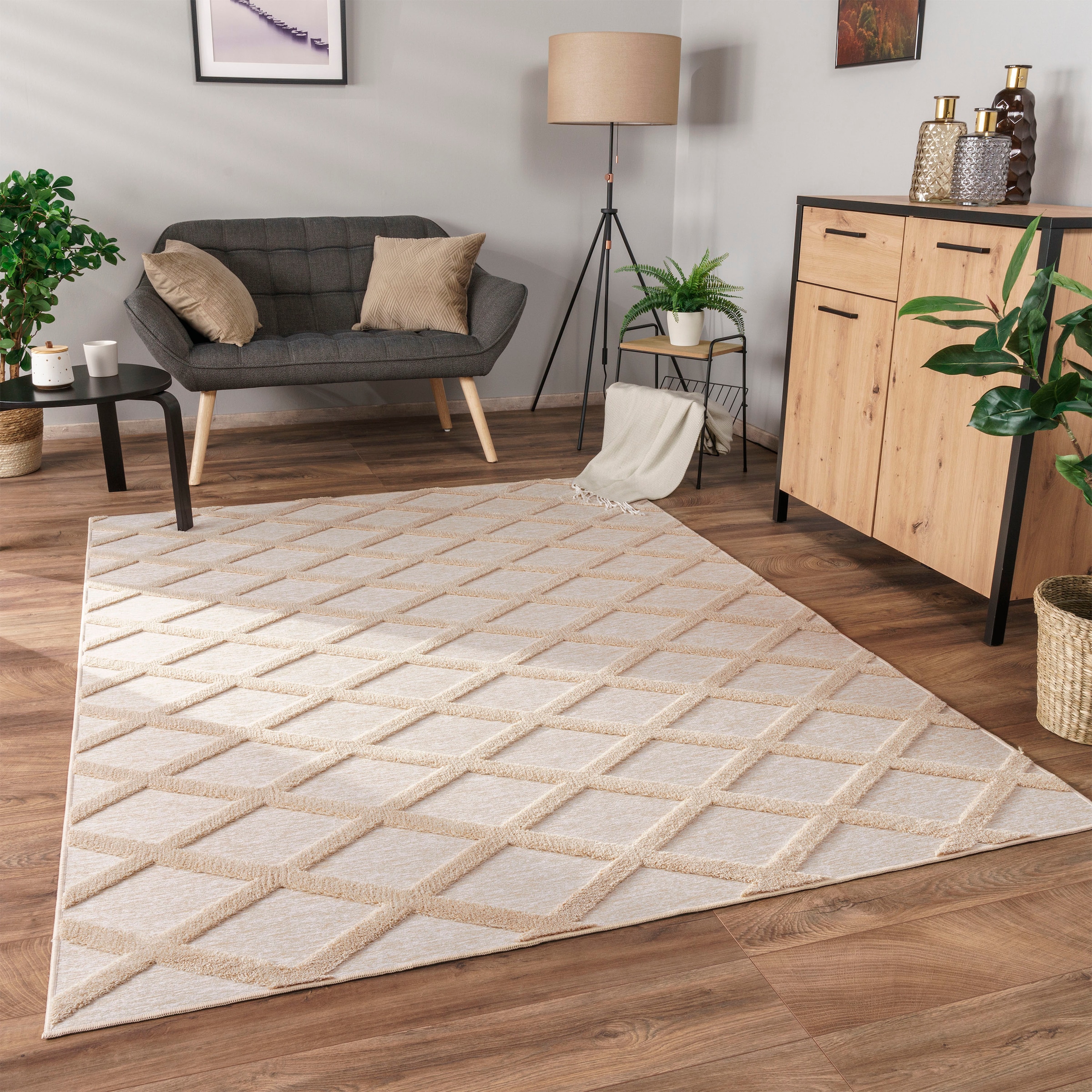 Paco Home Teppich »Utrecht 642« rechteckig 4 mm Höhe Kurzflor, Uni Farben, 3D-Design, Rauten Muster, Hoch-Tief Effekt