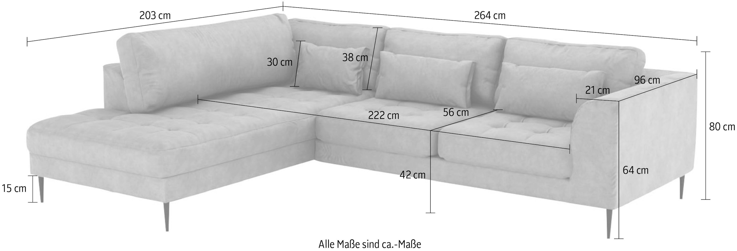 TRENDMANUFAKTUR Canapé d'angle »Luzi, wahlweise mit Schlaffunktion und Bettkasten, gemütlich, L-Form« canapé design avec ottomane, pieds en métal noirs, largeur 264 cm