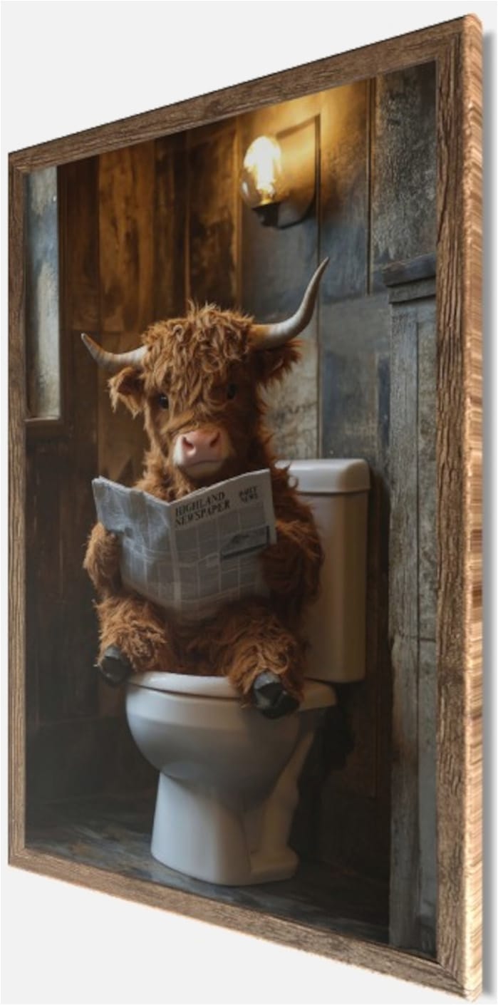 Bönninghoff Tableau avec cadre »Wandbild gerahmt HIGHLAND NEWS 50x70 cm – Lustiges Hochlandrind Bad« Animaux | Bœuf des Highlands | Humour 1 cuis tlg. avec cadre décoratif