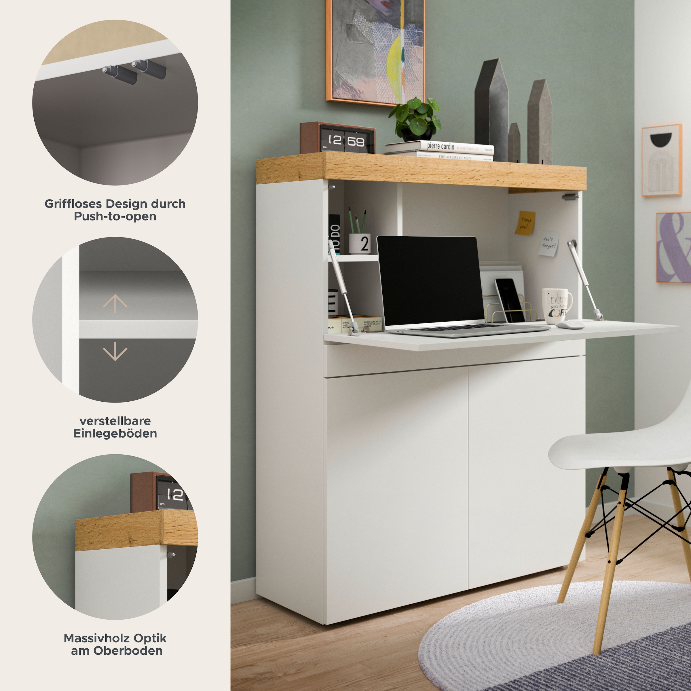 GOODproduct Sekretär »MAMBO, Höhe 122cm, Home-Office-Schreibtisch, PC-Schrank« 2 Türen, 1Klappe, 7 Fächer, 1 Schubkasten, 3 höhenverstellbare Böden,  Multifunktional mit viel Stauraum, klappbare Tischfläche