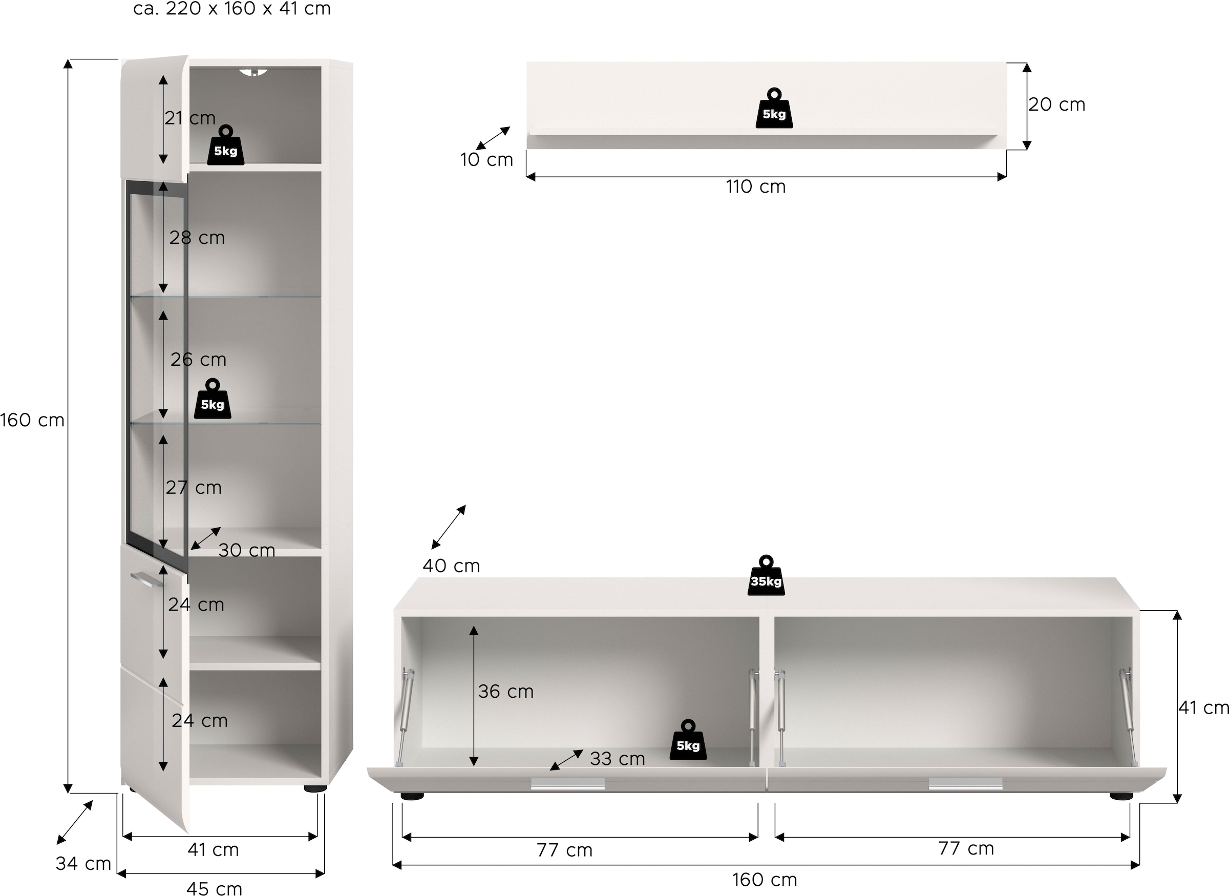 Home affaire Meuble mural »FLORENZ, 3-teilige Wohn-Kombination, hochwertige MDF-Front« Set, Set, best. aus: 1 Vitrine, 1 Lowboard, 1 Wandboard, 3 cuis tlg.