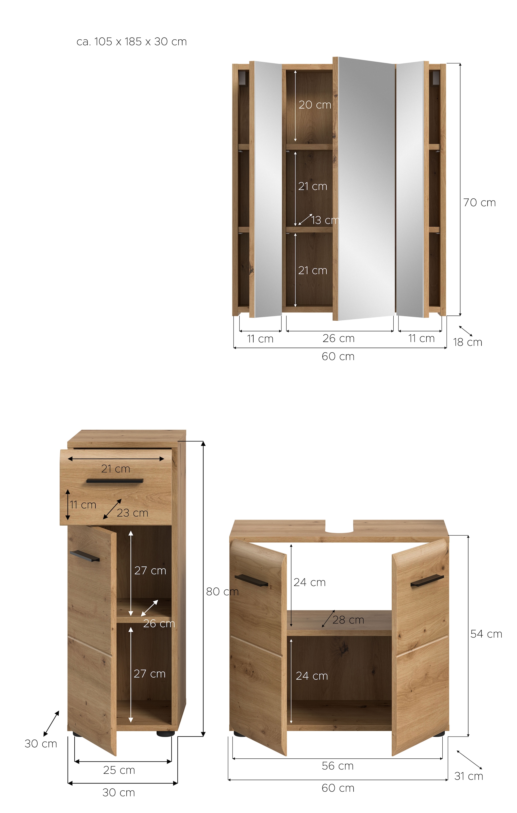 welltime Badmöbel-Set »FLORENZ,  3-teilige Badkombination, hochwertige MDF-Front« best. aus: 1 Unterschrank, 1 Waschbeckenunterschrank, 1 Spiegelschrank, 