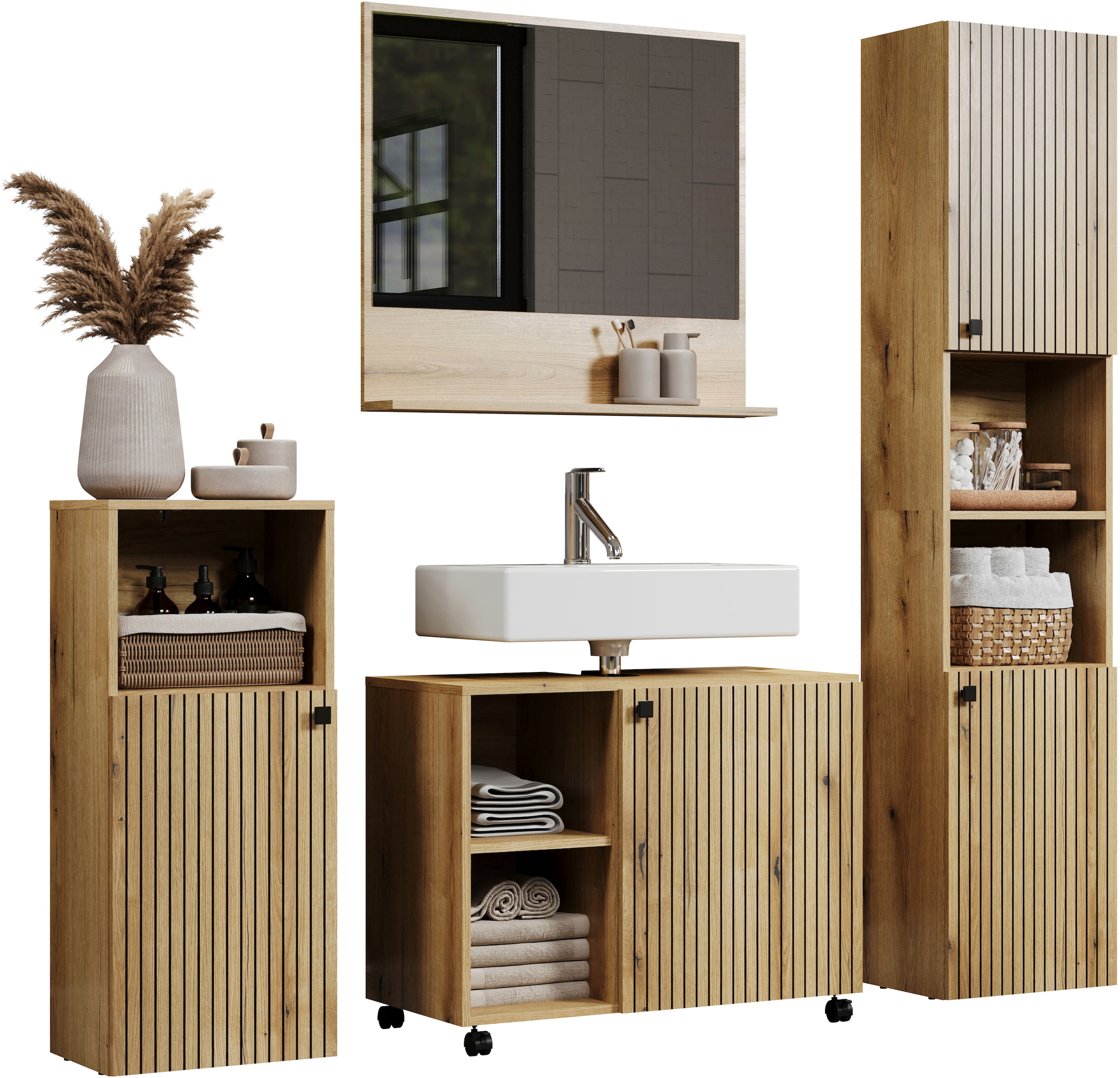 welltime Ensemble de meubles de salle de bain »Amrum Waschbeckenunterschrank Spiegel Hochschrank Badschrank« Ensemble complet, 4 cuis tlg.