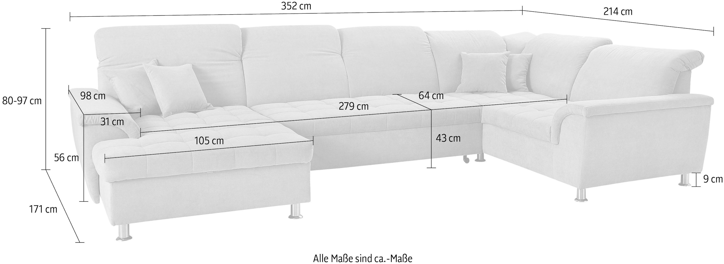 DOMO collection Wohnlandschaft »FRANZI mit Kopfteilverstellung, U-Form mit viel Platz, bequem« XXL-Sofa, U-Form, belastbar bis 140kg/Sitz, dunkelgrau, Breite: 352cm