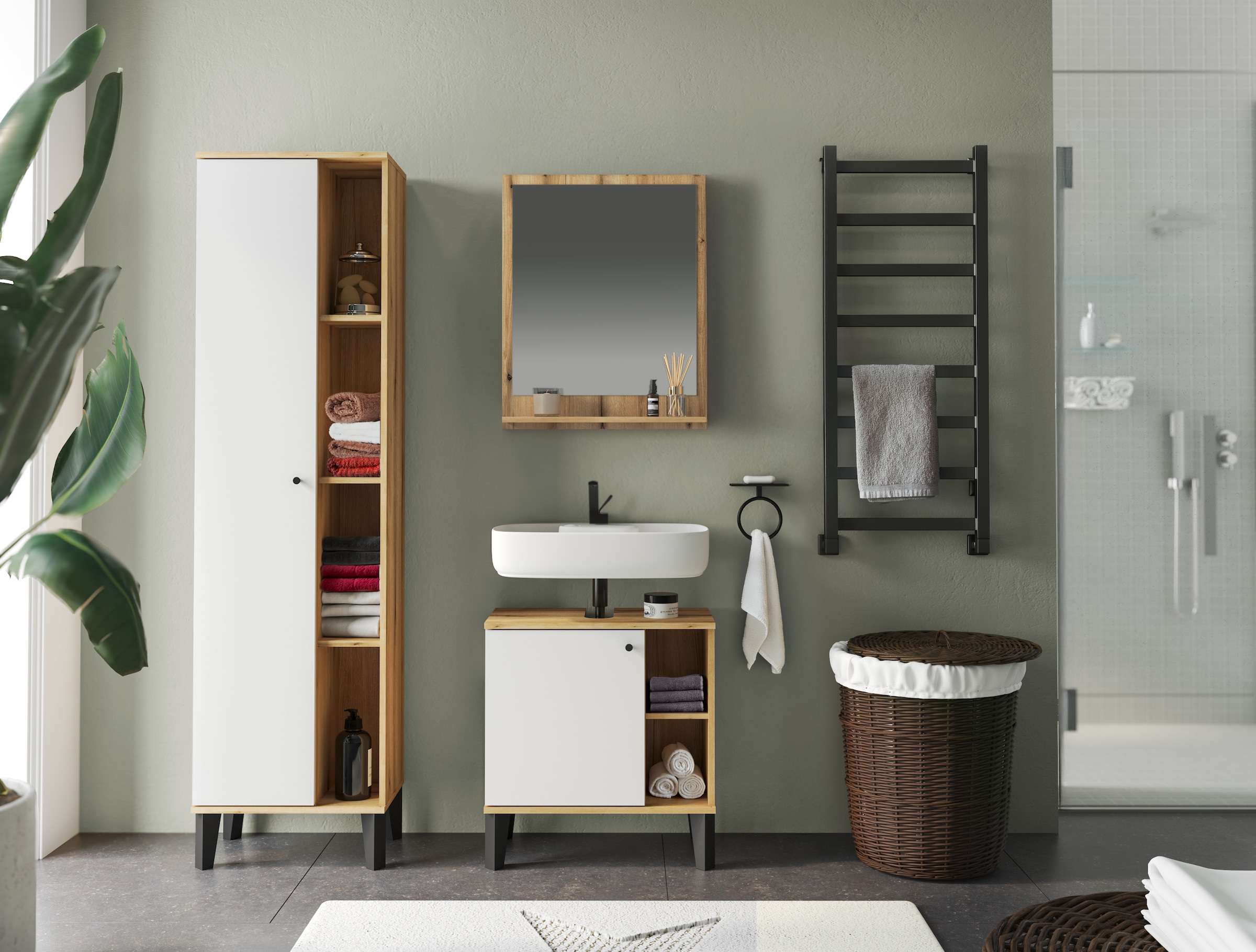 INOSIGN Miroir de salle de bain »Oslo, Spiegel in Eiche Evoke, Wandspiegel im skandinavischen Design« mit Ablagefläche, 60 cm breit