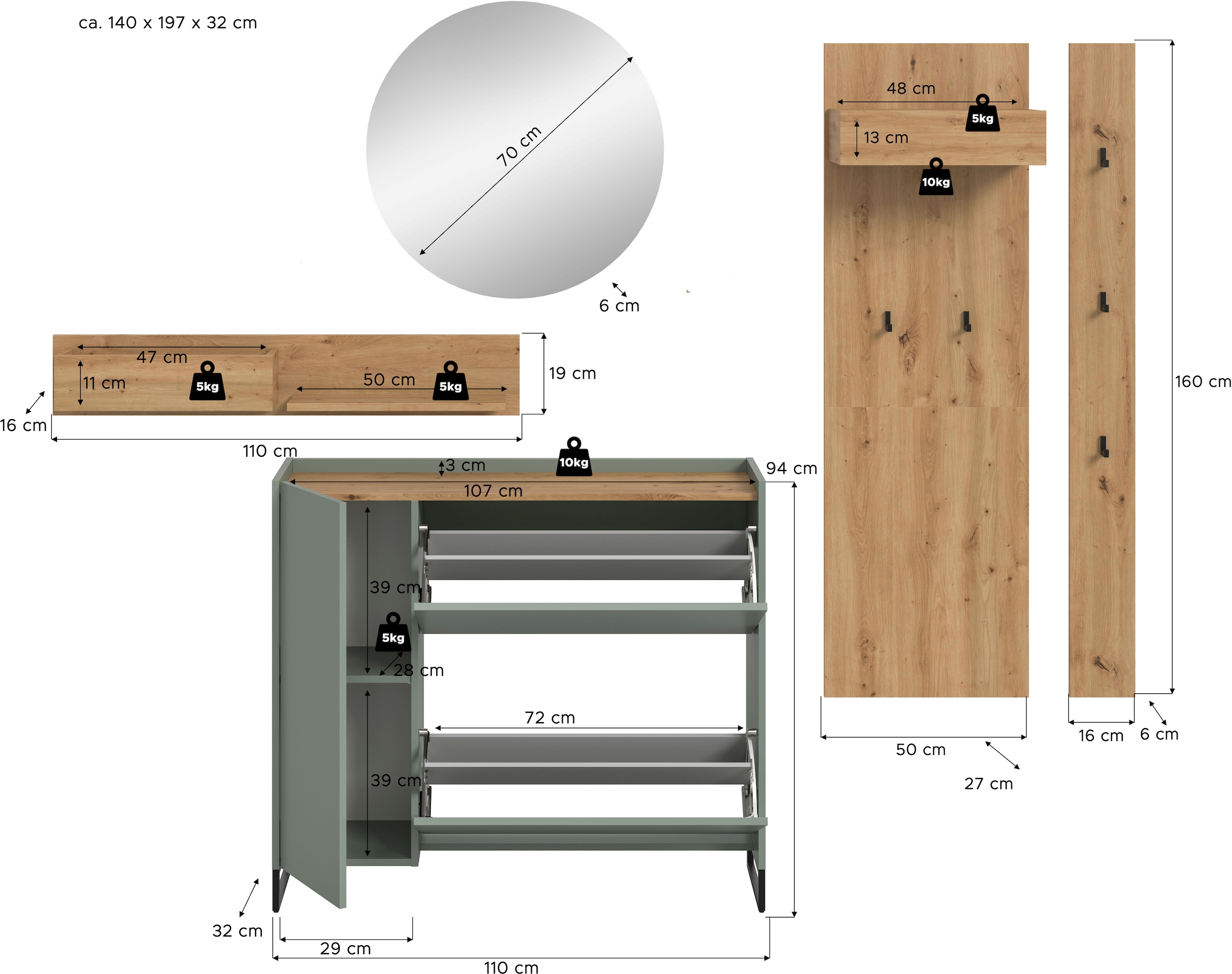 Home affaire Garderoben-Set »EVRID, 5-teilig, Breite 236 cm, individuell stellbar & erweiterbar« best. aus.: Wandboard, Kommode, Spiegel, Garderobenpaneel, Hakenleiste, 5 Stk. tlg.