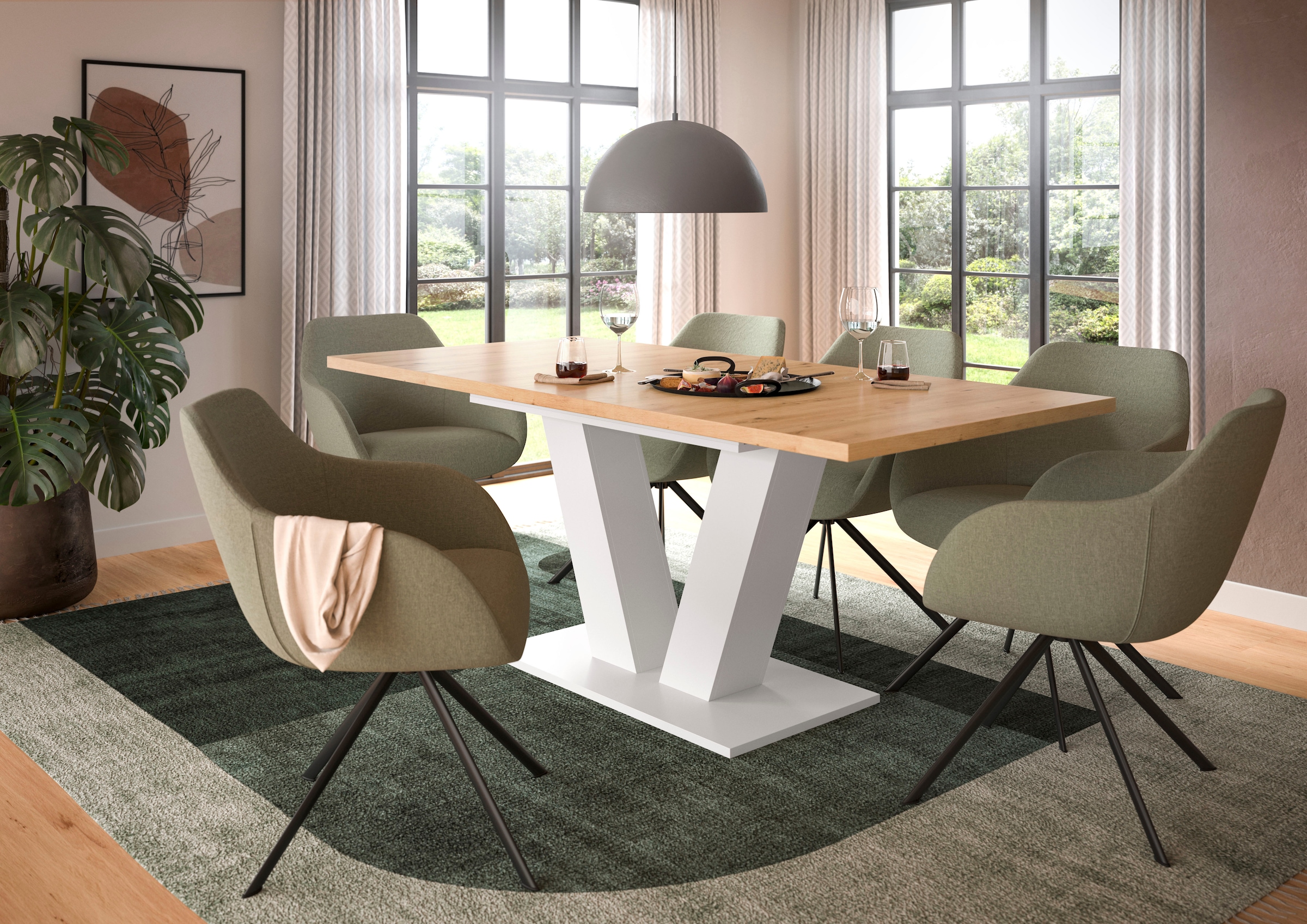 Home affaire Table de salle à manger »Motus, ausziehbar 150 -190 cm, inklusive 40 cm Einlegeplatte« Set, 1 cuis tlg. V-Gestell mit Bodenplatte, Tisch, Küchentisch, Esszimmer, Küche