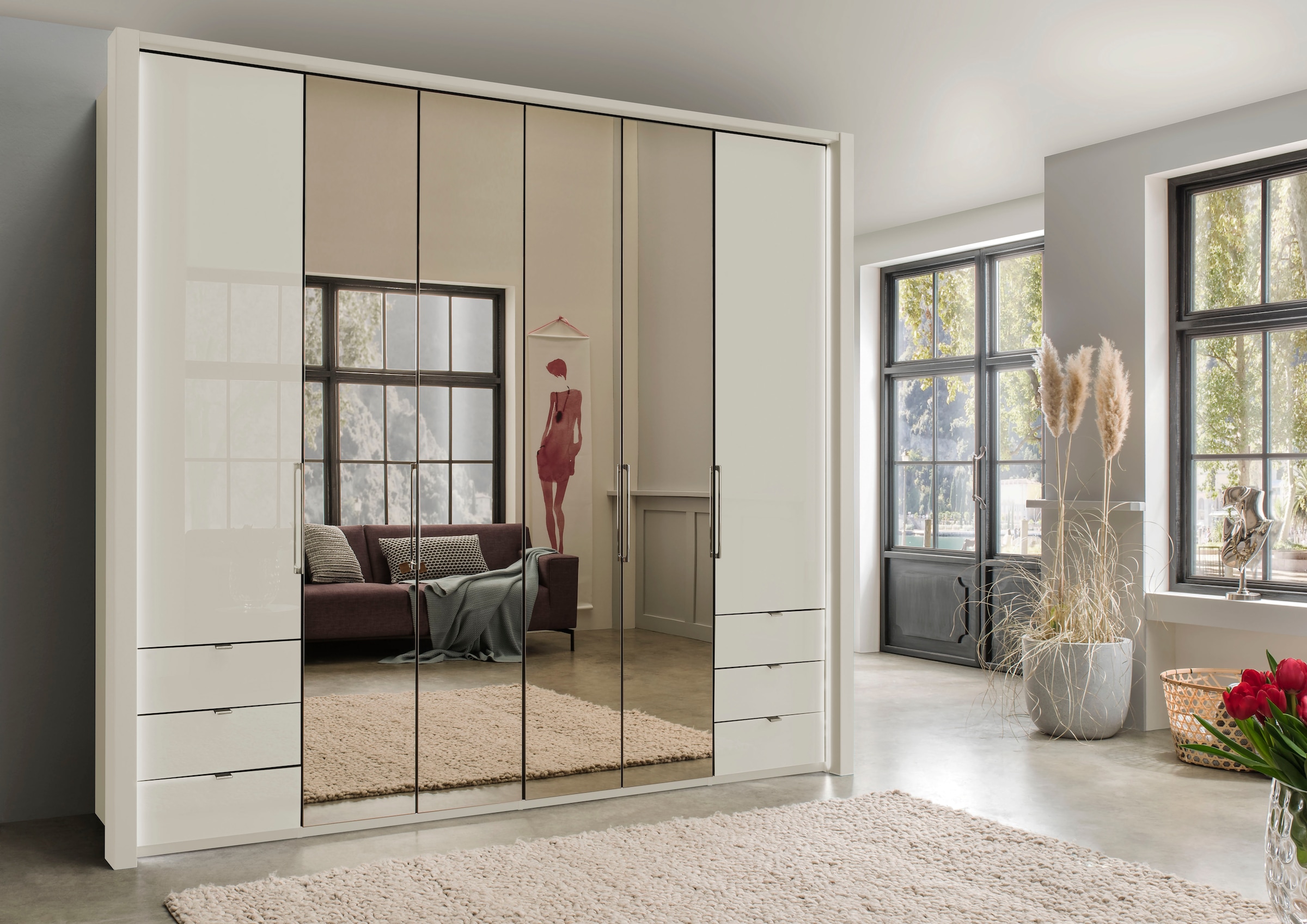 WIEMANN Armoire à portes pliantes »Kansas, Kleiderschrank, Schrank, Wäscheschrank, mit Glas und Spiegel« 2 Breiten, MADE IN GERMANY,  inkl. gepämpften Schubkästen und Türen, mit Panoramaöffnung