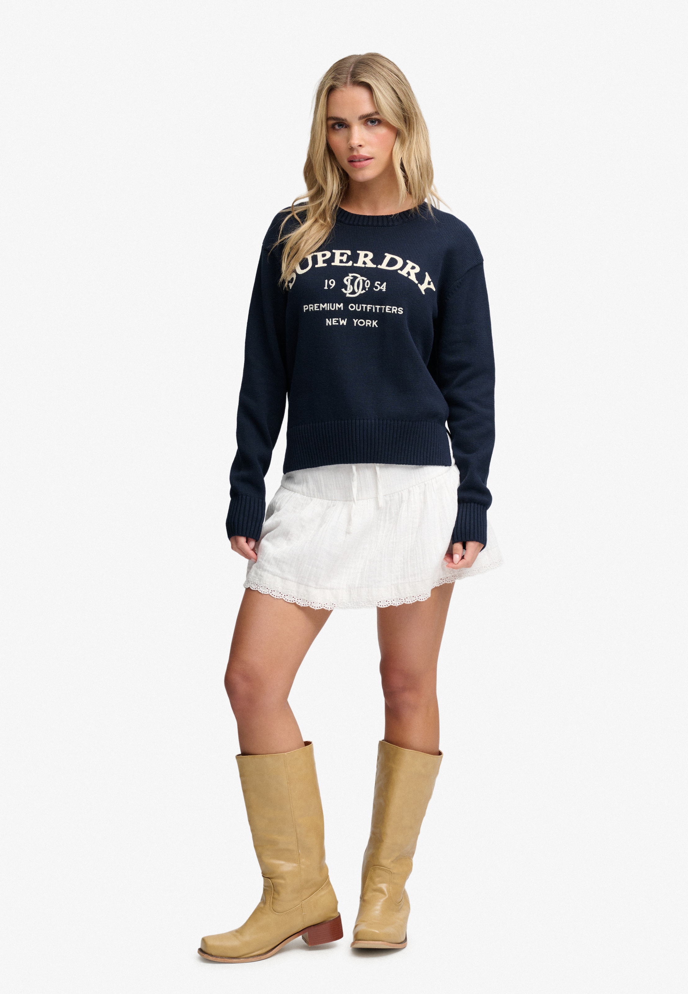 Superdry Pull en tricot »HERITAGE GRAPHIC JUMPER« coton, avec broderie de haute qualité