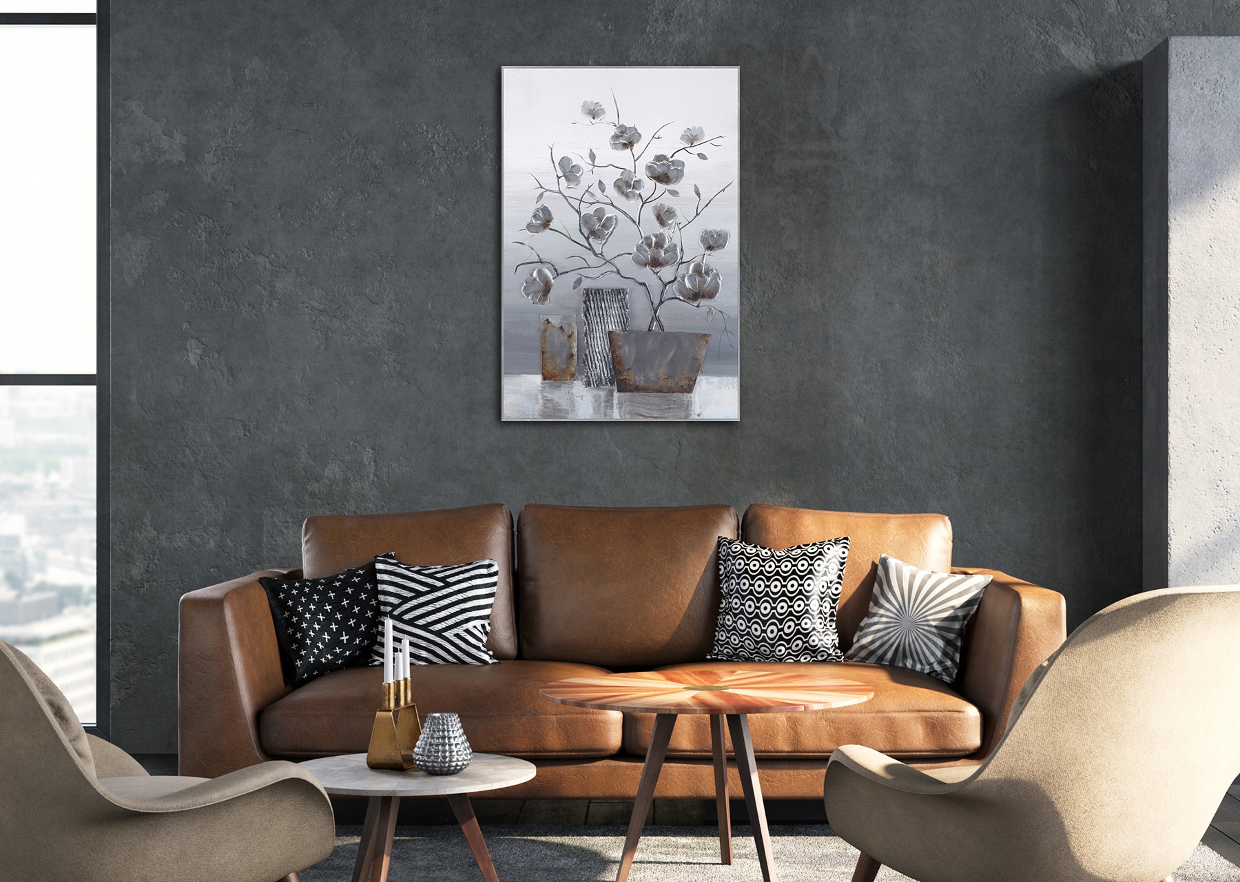 Bönninghoff Peinture à l'huile »handarbeit gerahmt BLUMENVASE 60x90 cm – Wandbild elegant« Feuilles | Fleurs | Vases 1 cuis tlg. fabriqué à la main, chaque tableau est unique, cadre avec joint creux