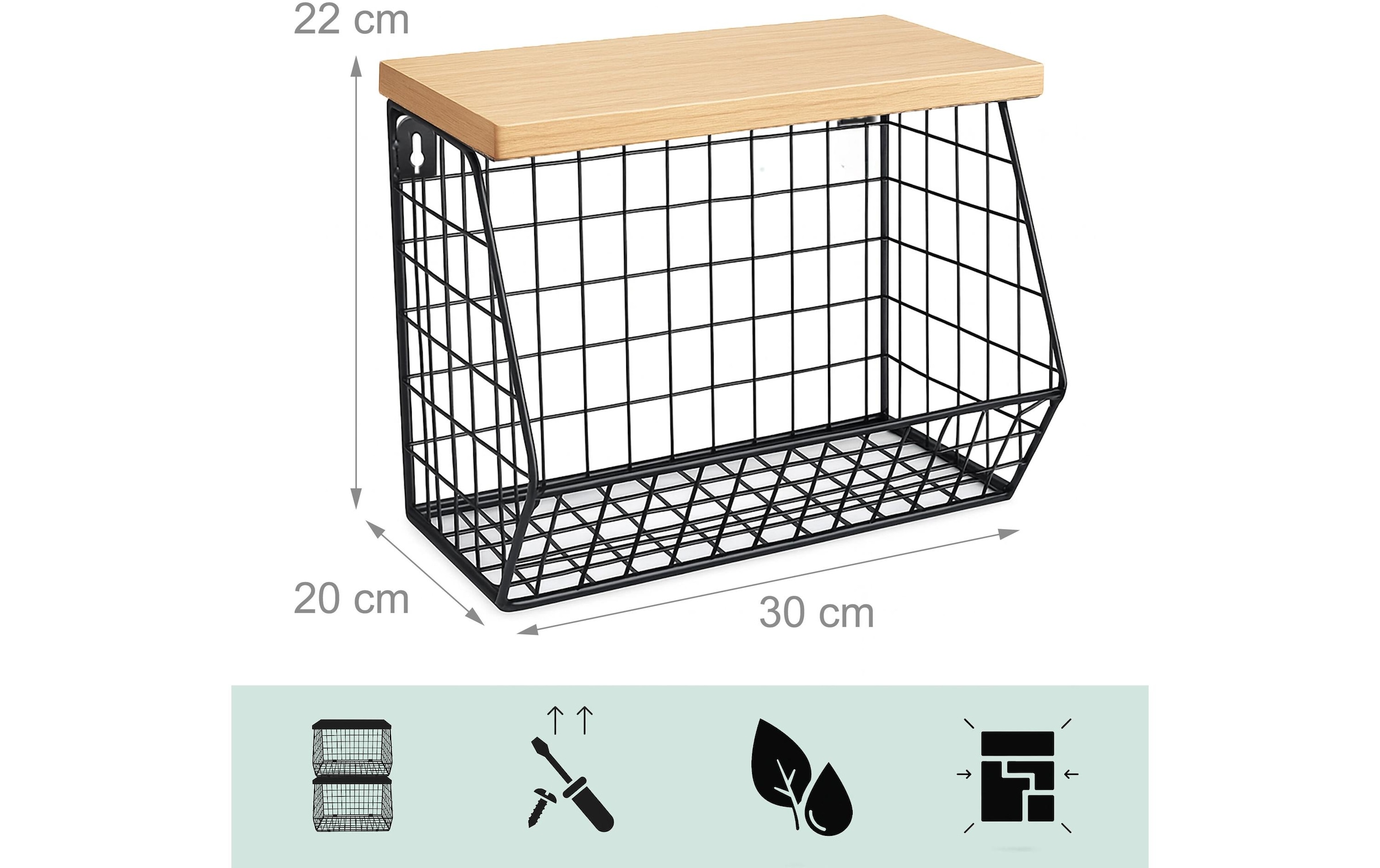 relaxdays Étagère multi-usages »Organizer Obstkorb 21 x 30 cm« Platzsparender Gitterkorb mit Regalbrett zur Wandmontage