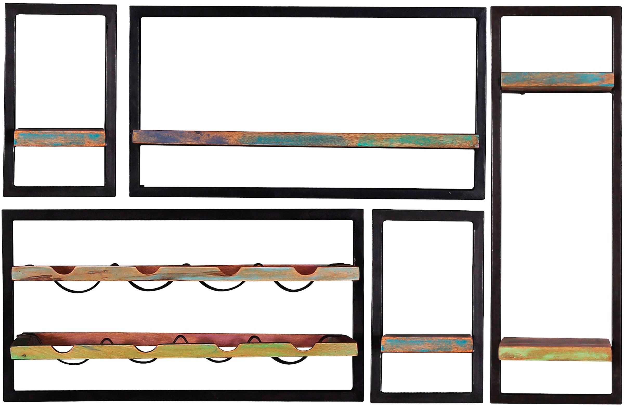 SIT Étagère murale »Lagos 5-teilig aus Altholz mit Weinregal & Metallrahmen« Ensemble,  5-teiliges Wandregal-Set mit integriertem Weinregal im Industrial-Look