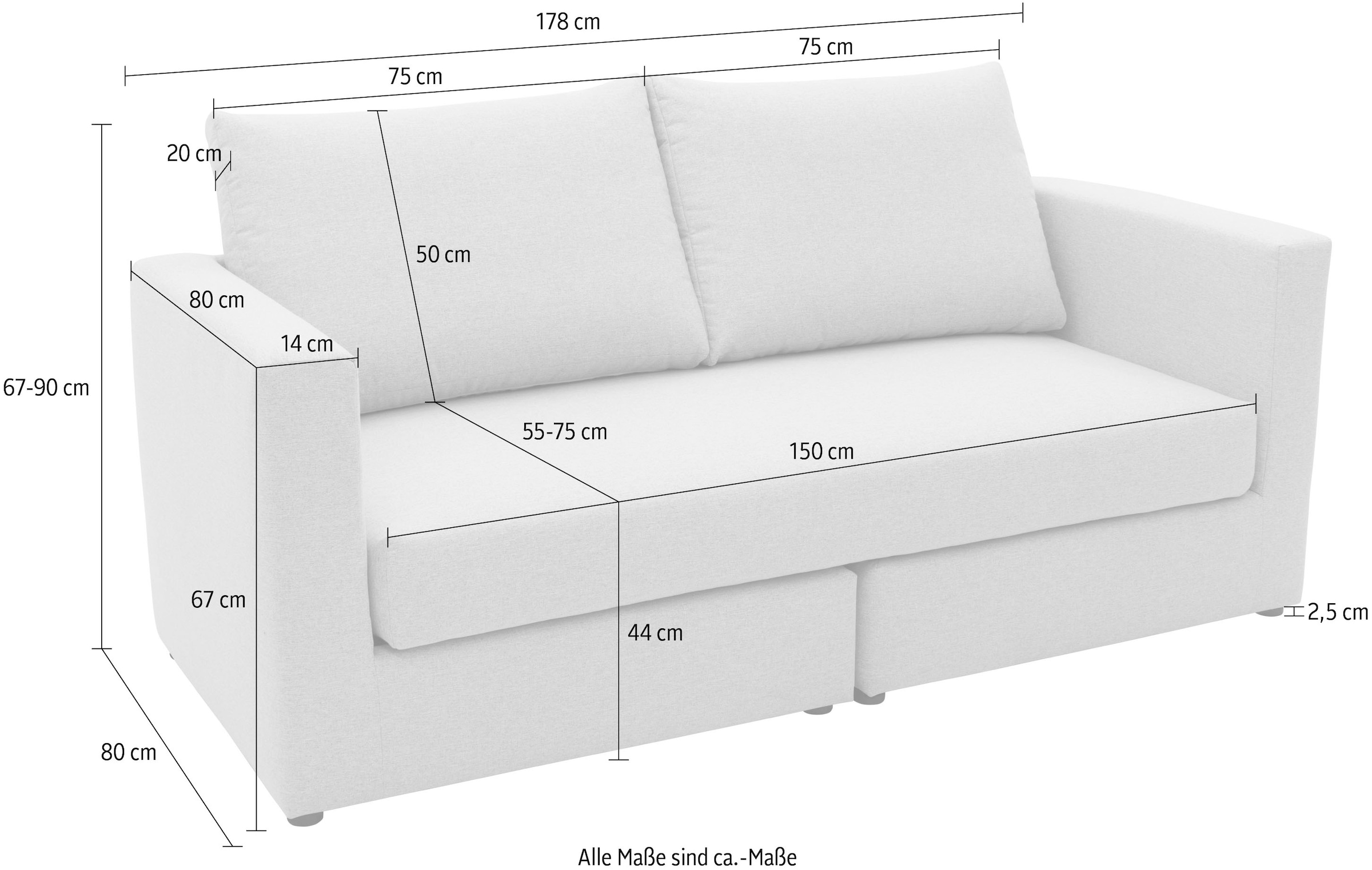 DOMO collection 2-Sitzer »Bibury, modernes Sofa, B/T/H: 178/80/90 cm« Sitzfläche mit Federkern, inkl. 2 Rückenkissen